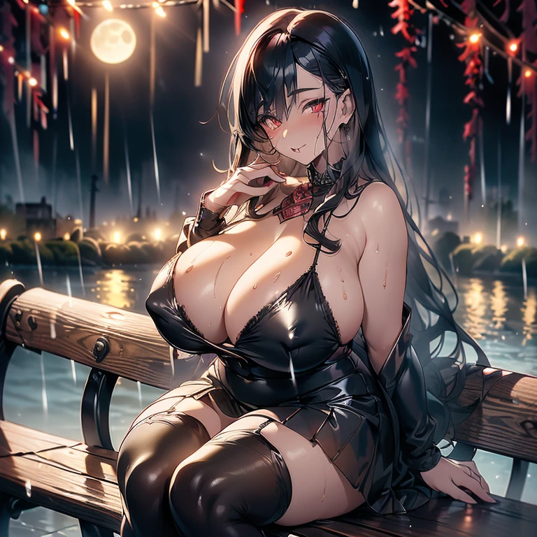 (masterpiece, best quality, super detailed, best shadows), (detailed background,), raining, rainy night, night, full moon, 1 girl, solo, solo female, 18, Vampire, sitting alone, sitting on a park bench at night, cautht in the rain, wet, drenched, soaked, gothic school uniform, long black hair, black fishnet stockings, glowing red eyes, shy expression, shy, shaking, trembling, shivering, soaking wet, wet hair, wet chest, exposed chest, gigantic breasts, massive boobs, thick thighs, open shirt, displaying cleavage, gothic, goth, black lipstick, black lips, black eye liner, black eyeshadow, plump thighs, voluptuous, timid,