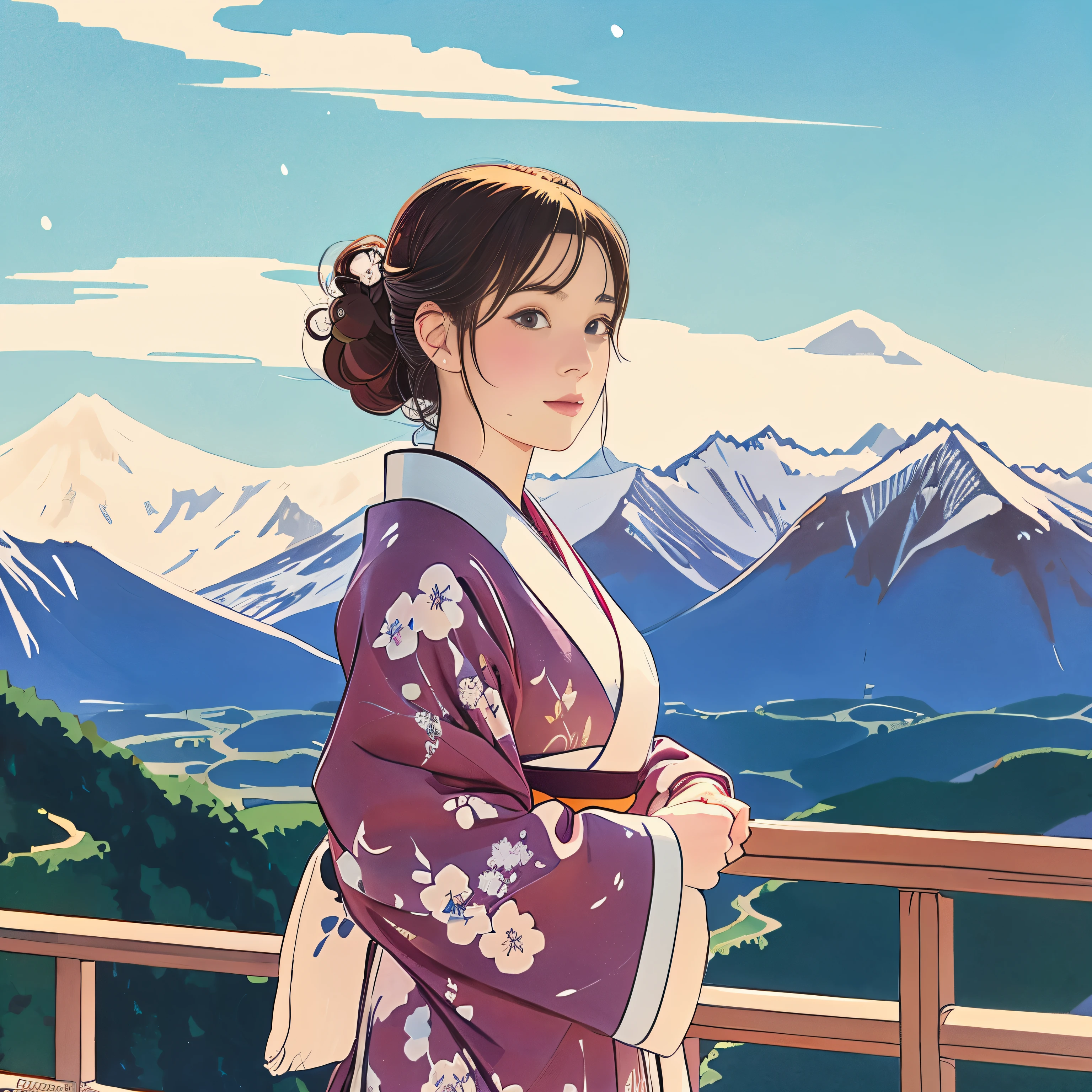illustration style, ukiyo-e, Showa anime, woman, snow, (Sensitive), Asahi, mountains in the background, (highest quality, Super detailed,portrait, Natural light)、kimono