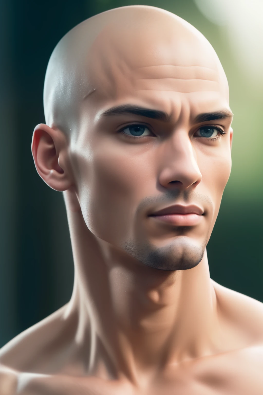 Photo of a 27-year-old man with a sporty build, bald head, ((Portrait)), ((Detailed face:1.2)), ((detailed facial features)), ((strong jawline and defined cheekbones)), ((realistic and high-definition skin texture)), ((lighting emphasizing the muscular structure and definition)), ((warm color tone)), Reflectors, ((masutepiece) (perfectly proportions)(photos realistic)(Best Quality) (Detailed) photographed in a Canon EOS R6, 35mm Lens, F/1.8, nffsw, (8K) (Wallpaper) (Cinematic lighting) (