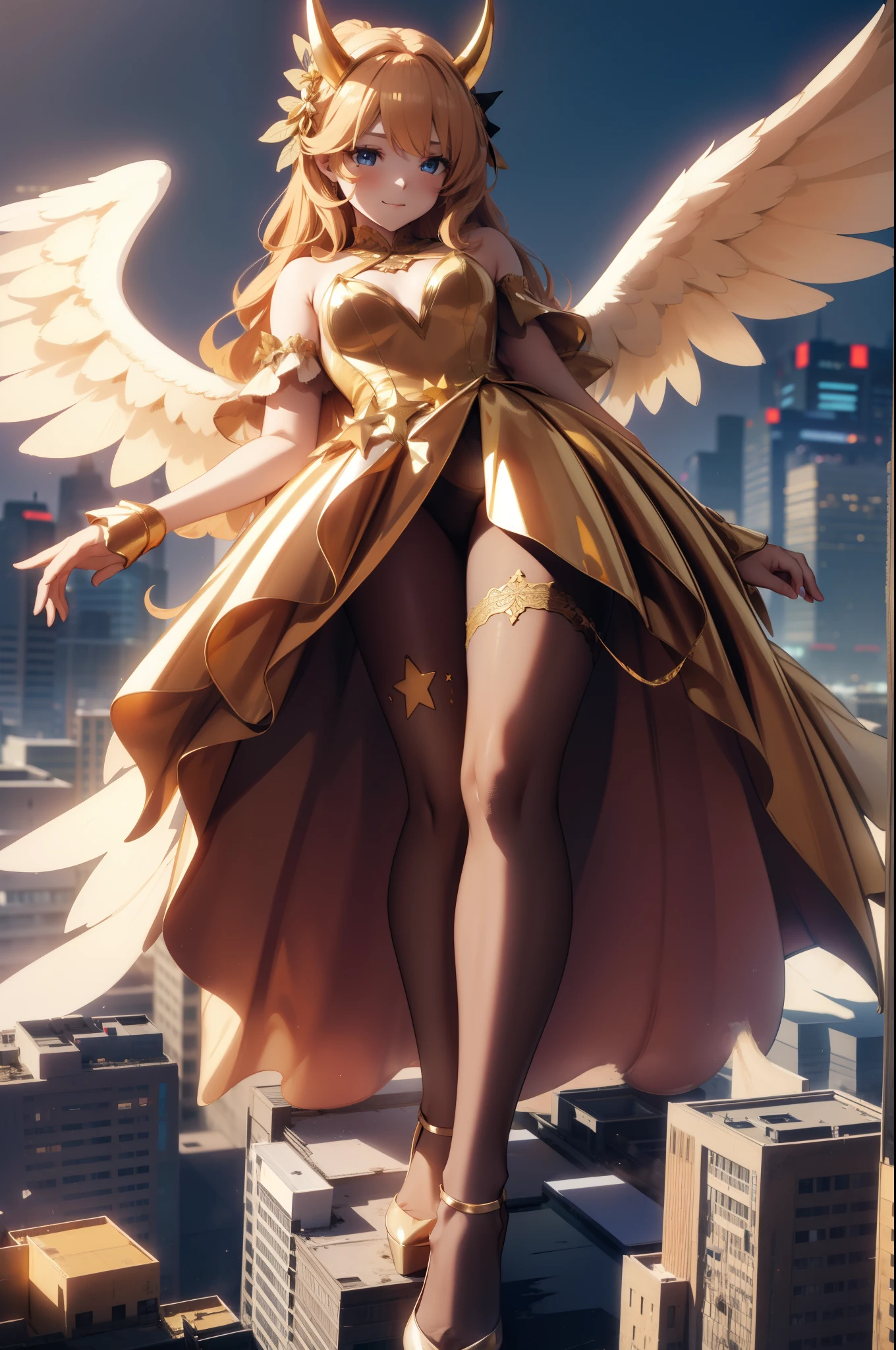 Aerial View，giant girl 50,000 feet high，Weight 1000kg，Has a pair of huge golden angel wings，With huge devil horns on his head，Has waist-length golden hair，loose hair，Big wavy blonde curls，Golden crown，Wearing a pair of gold Mary Jane heels，Gold lace gloves，gold lace pantyhose，Pantyhose with bow and star decorations，金色蕾丝whole body，Standing upright on a small city，Beautiful appearance，Exquisite makeup，quality，8k，高quality，Perfect proportion, Cinema lighting，film grain，Fuji colors，8k，textured skin，Super details，high detail，high resolution，fake smile，blood stains，脚底有blood stains，whole body，Obese，feather