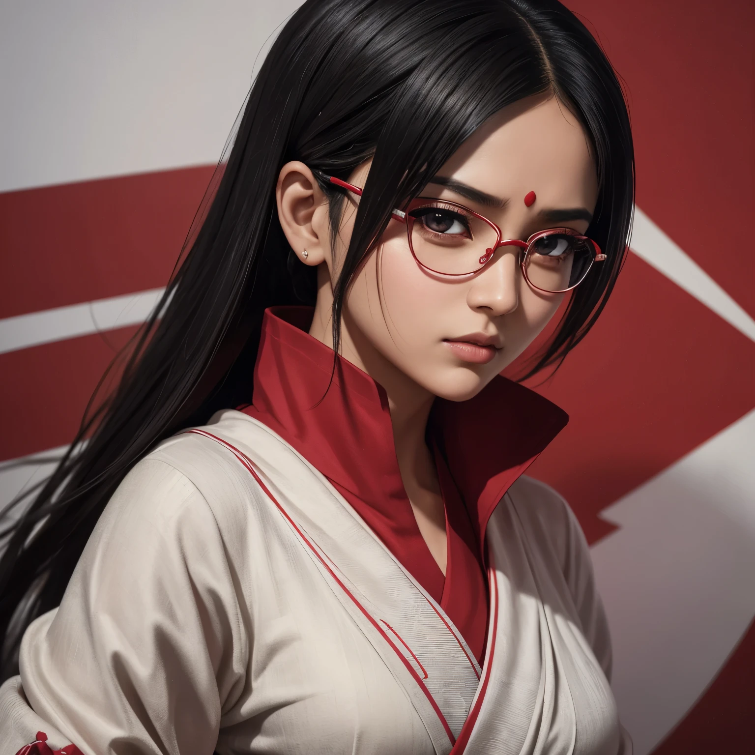 Sarada stands tall, draped in the iconic 4th Hokage robe, her fierce determination reflected in the bold red and white colors. The masterpiece:1.2 prompt delivers the best quality, presenting Sarada's intense gaze and sharp focus. She is portrayed with ultra-detailed realism:1.37, capturing every intricate detail of her facial features. The 4K resolution captures the sharpness and depth of the image, providing an immersive experience. Sarada's eyes are beautifully detailed, with long lashes that accentuate her determined expression. Her lips are also beautifully detailed, enhancing her overall enchanting appearance. The scene is set against a vibrant background, with vivid colors that further highlight Sarada's presence. The lighting creates a sense of dynamic energy, enhancing the depth and visual impact of the artwork. The overall composition and attention to detail make this piece a true masterpiece, standing as a testament to Sarada's strength and resolve.