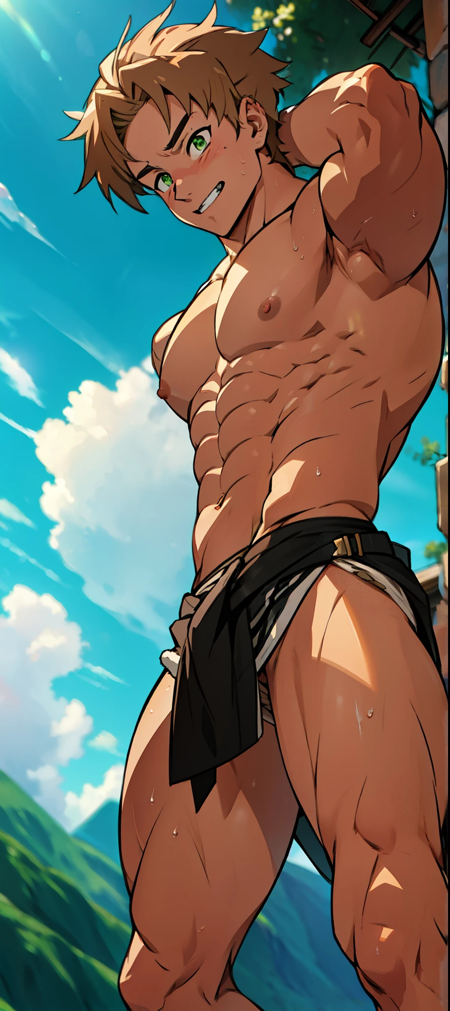 red skin, bright red skin, the boy blushed shyly , rosy skin, shiny skin(muscular thigh muscles )( anime style, art) (photo angle from bottom up) (photo angle from the ground upwards) [Anime photo][highest quality photo][4k,HD photo quality ] wear tight and short loincloths ,the loincloth bulges due to the erect male genitaluscular thigh muscles, firm thigh muscles, muscular thigh muscles, sinewy thigh muscles, giant thigh muscles, strong leg muscles, muscular hamstring leg muscles)(thigh muscles bulging as if about to explode, muscular, calloused, sinewy, giant) , Rudeus Greyrat,fun, happy,bodybuilder,bodybuilding, standing, lots of sweat flowing down, topless, shirtless, hot sunny, 8 pack abs , short hair , green eyes