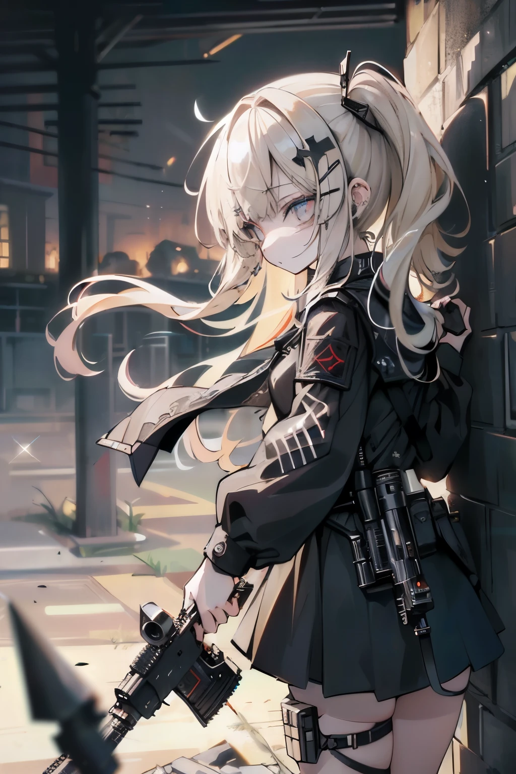 {{Masterpiece, top quality, highly detailed CG, unified 8k wallpaper, movie lighting, lens flare}}, 1 girl holding a rifle through the wall, wide view, thick body, long blonde hair soaring in the wind, green eyes, (holding a weapon, holding a rifle, aiming, aiming: 1.4), gun, h&k hk416, carbine, open fire, rubble, ruins of conflict areas, plumes, nitric smoke, blast waves, Flying bullets, sniper, 35mm, f/1.8, night, blue eyes