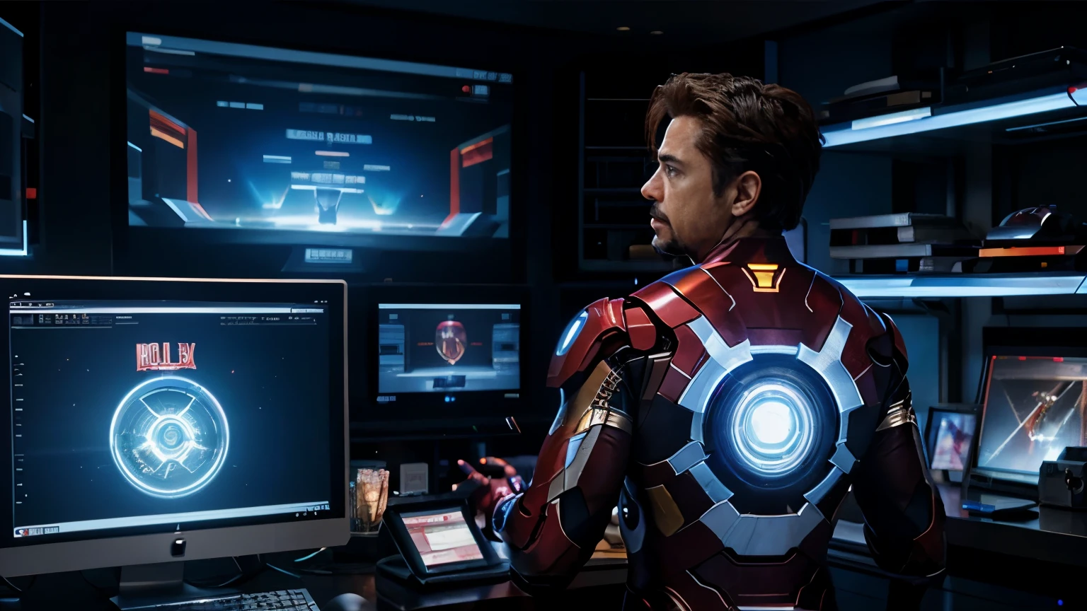Visual: Tony Stark (Iron Man) working in his lab, surrounded by holographic screens and technology. He looks determined