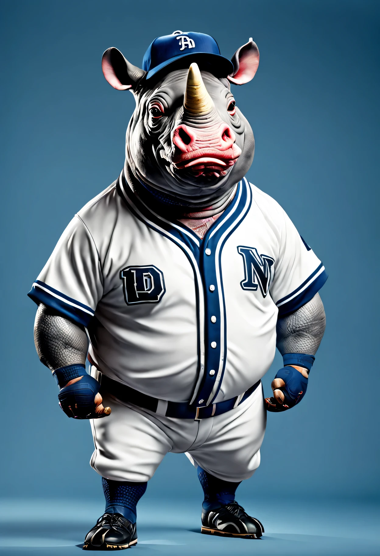 photorealistic portrait of Dressed animals - a fat rhino baseball player,( dynamic action pose), high quality,(lovely) ,intricate details, highly detailed ((baseball uniform)) ,highly detailed baseball cap, wearing sunglasses, (happy), studio lighting,(full body image:1.5)