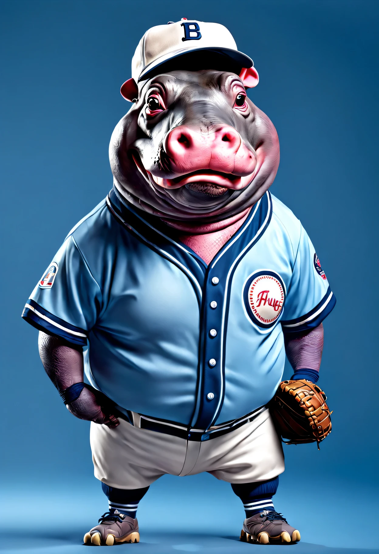 photorealistic portrait of Dressed animals - a fat hippo baseball player,( dynamic action pose), high quality,(lovely) ,intricate details, highly detailed ((baseball uniform)) ,highly detailed baseball cap, wearing sunglasses, (happy), studio lighting,(full body image:1.5)