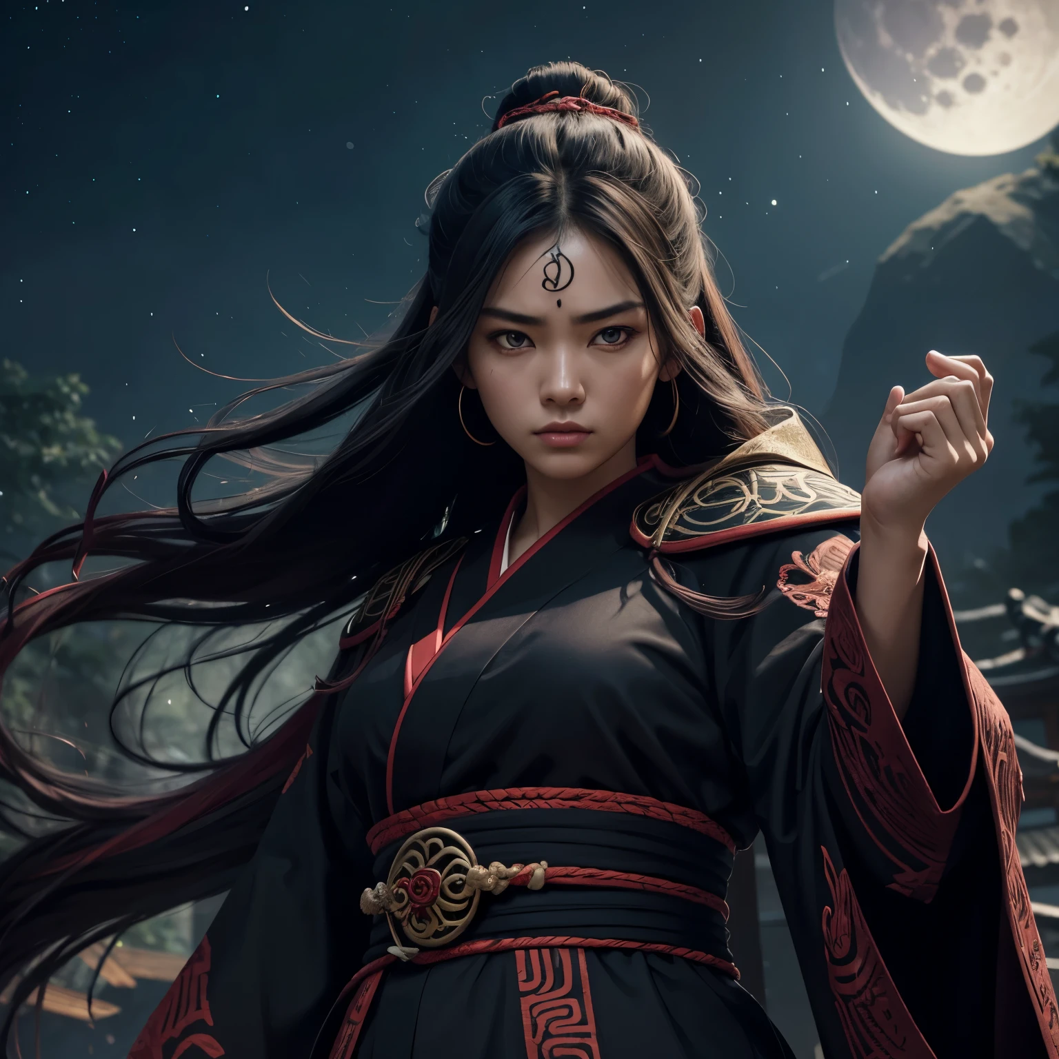 The 4th Hokage robe,ultra-detailed,highres,studio lighting,physically-based rendering,vivid colors,sharp focus,portrait,horrific expression,protective stance,sharingan eyes,hair flowing in the wind,night time scene,mysterious aura,determination in her eyes,imposing presence,enduring legacy,traditional Japanese design,beautifully embroidered patterns,dark and bold color palette,moonlit background,lush foliage,strengthened by the legacy of her ancestors,an emblem representing power and responsibility