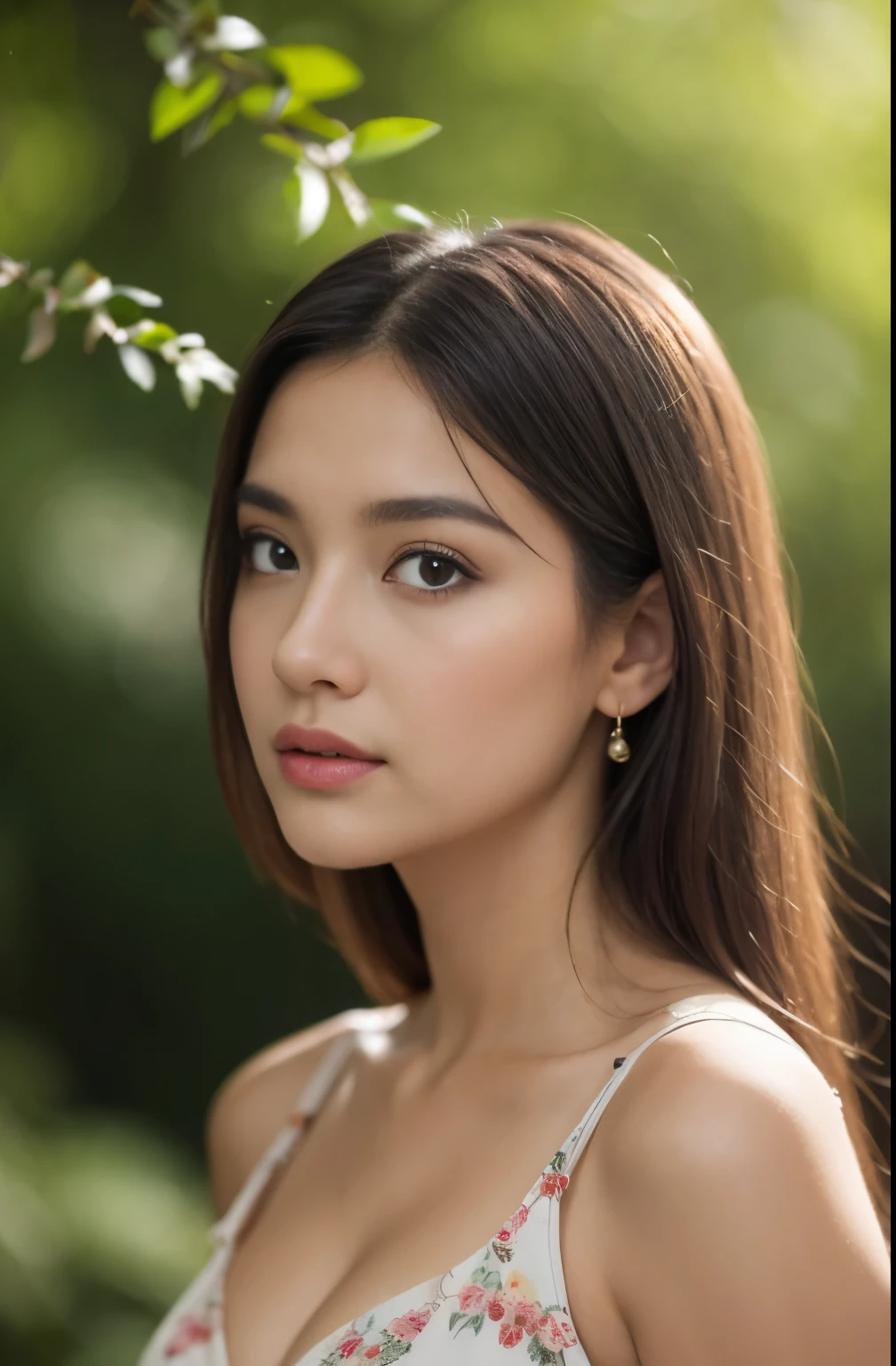 forest, party, (Close-up of the painting style,Ultra HD 8K,Masterpiece grade CG wallpaper),Cinematic lighting,cute girly,Delicate and beautiful face,Dreamy pupils,Wearing a small floral short summerdress,round waist,hijabi,Bust poem,Sit,Cloudy background,the trees,florals,夏天,Chinese style buildings, cleavage, magical