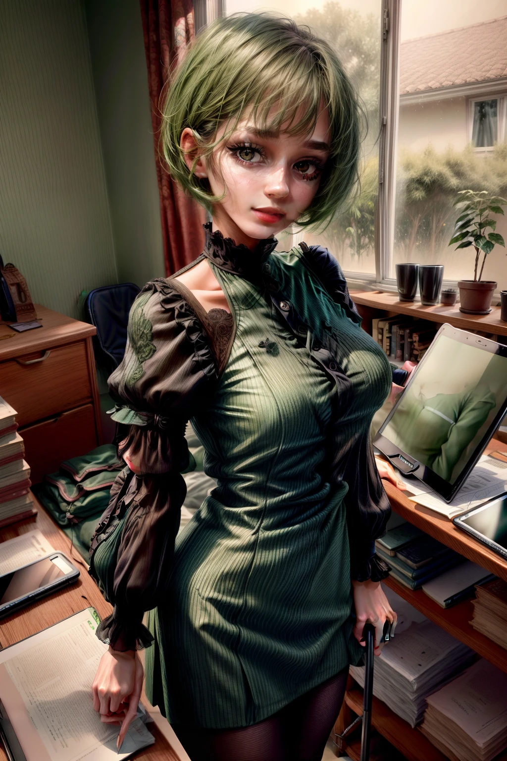 A girl, beautiful detailed eyes, beautiful detailed lips, extremely detailed eyes and face, long eyelashes, 25 years old, lieutenant, aide-de-camp, with short hair cut, green hair, using a tablet device for document search, illustrations, 4k high-res, ultra-detailed, realistic:1.37, professional, vivid colors, portraits, greenish color tone, soft lighting.