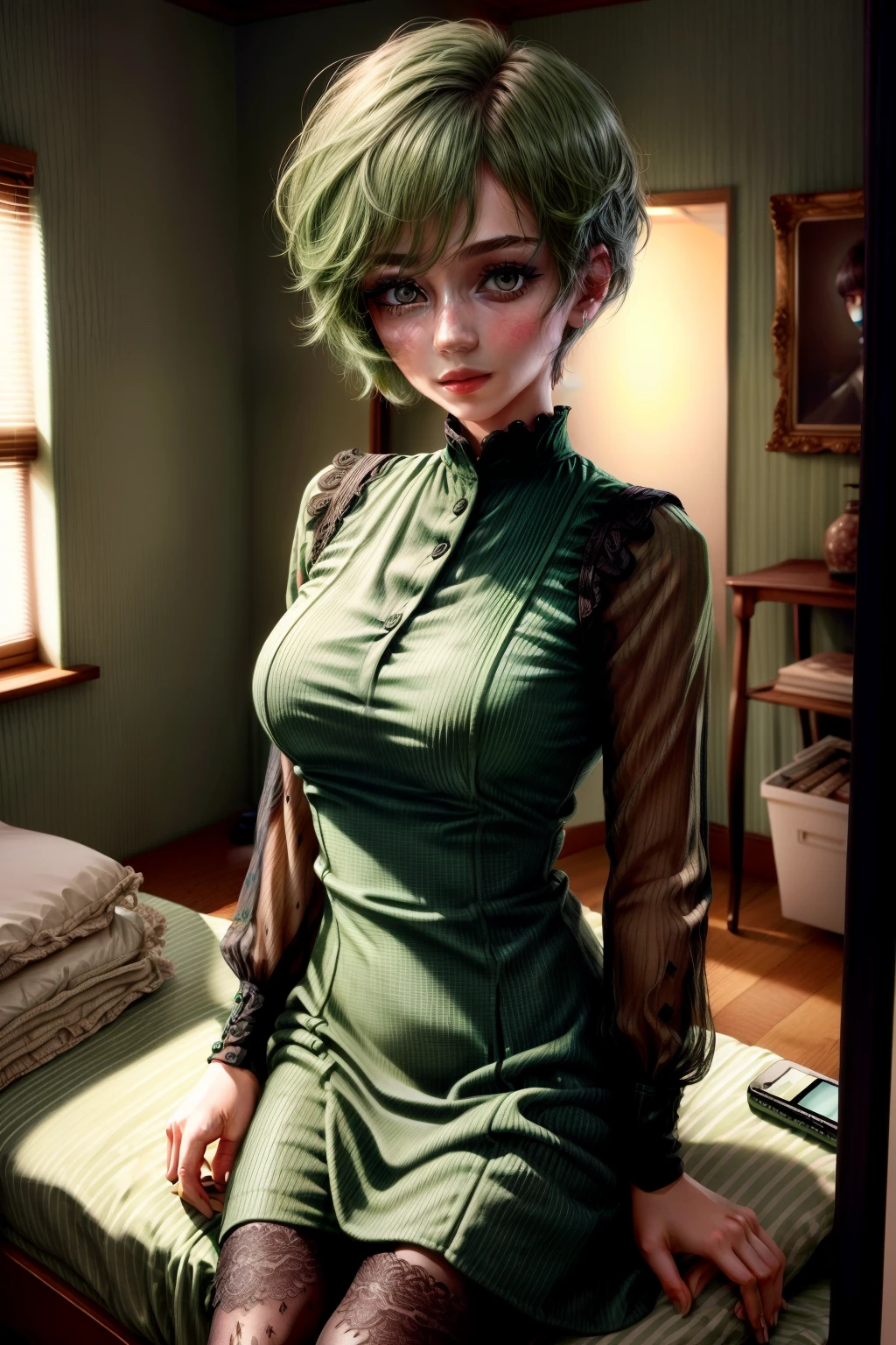 A girl, beautiful detailed eyes, beautiful detailed lips, extremely detailed eyes and face, long eyelashes, 25 years old, lieutenant, aide-de-camp, with short hair cut, green hair, using a tablet device for document search, illustrations, 4k high-res, ultra-detailed, realistic:1.37, professional, vivid colors, portraits, greenish color tone, soft lighting.