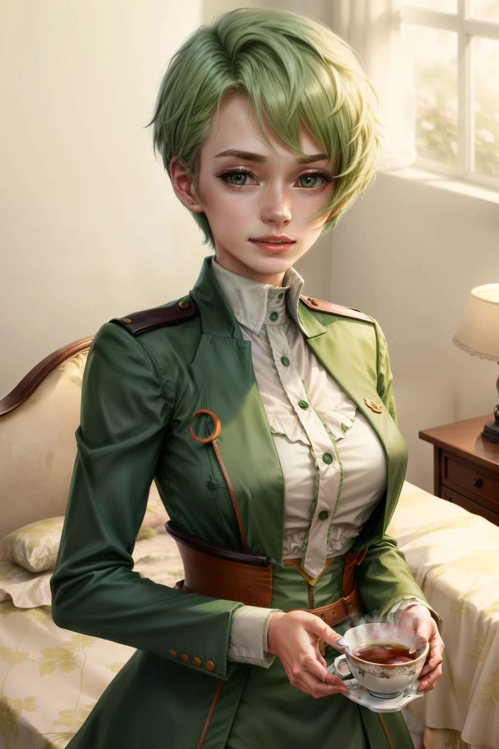 (anime, character, realistic, detailed, vibrant colors, professional lighting), Frederica Greenhill, a 25-year-old lieutenant and aide-de-camp, is serving tea. She has short-cut green hair.