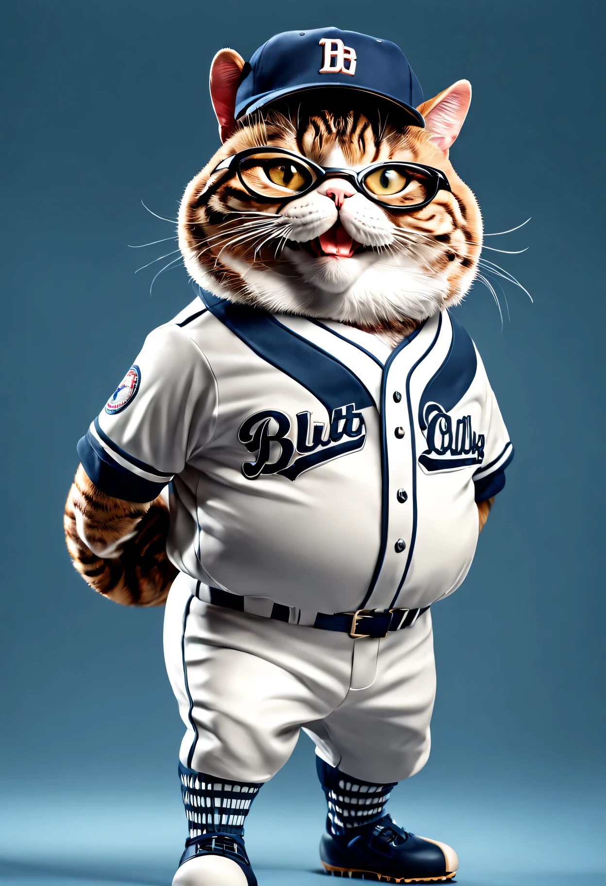 photorealistic portrait of Dressed animals - a fat cat baseball player,( dynamic action pose), high quality,(lovely) ,intricate details, highly detailed ((baseball uniform)) ,highly detailed baseball cap, wearing sunglasses, (happy), studio lighting,(full body image:1.5)