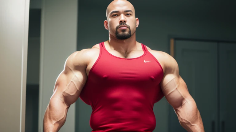 (Highly detailed 8K wallpaper), asian man, muscle worship, fold your arms, On the playground, baseball uniform, high detail, very short hair, skin head, Circular cut, very large and strong body, bulging muscles, muscular, very large pectoral muscles. Very sexy abs, legs are muscular, Toned figure, brightens oily skin, muscular, Tank top, T-shirt, long shot, wide shot