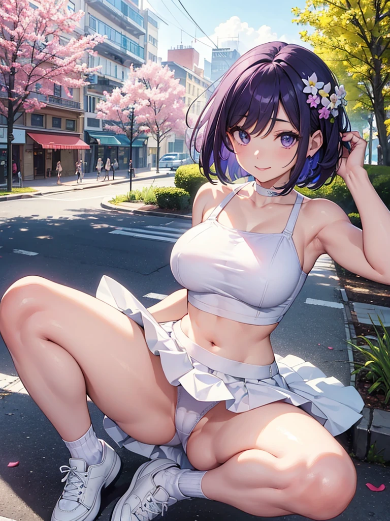 masterpiece, high quality, perfect body, perfect face, street, sunny weather, woman, bob cut, purple hair, flowers in hair, big breasts、White crop top with wide open neckline, white skirt, white shoes, looking at the viewer, smile, shine、open your legs、Underwear flickering、Underwear flickering、sexy