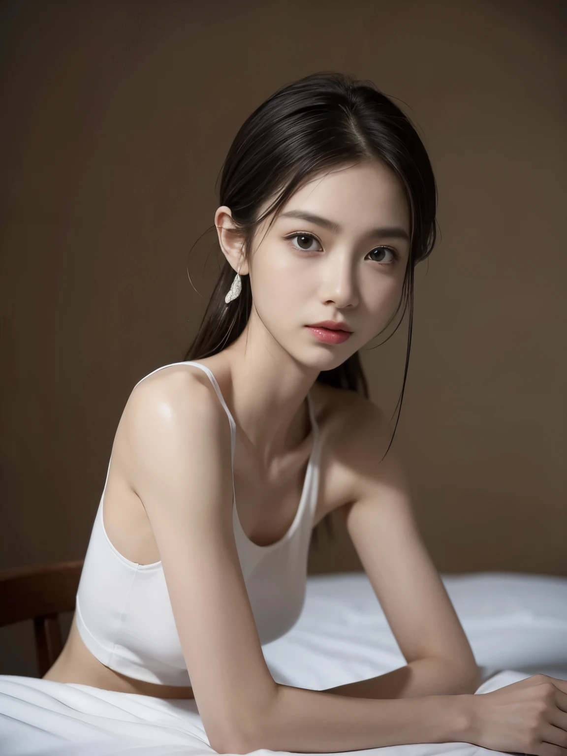 (Photorealistic),(Masterpiece),(ultra-detailed),a shot of very beautiful and tall but so delicate and weak and thin and fragile because she hasn’t eaten for a month,wearing a crop sweat tank top ,have absolutely no fat or muscles, quite tall but very small and feeble and fragile body frame and figure,enduring extreme hunger,big eyes and very small face,about to faint but resisting,extremely severely malnourished,trying to stay positive