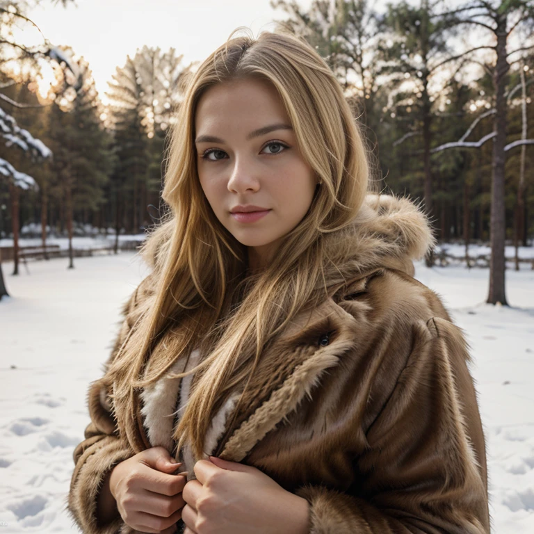USSR, girl in a fur coat, winter, market, forest, blonde, realistic, natural, professional photo