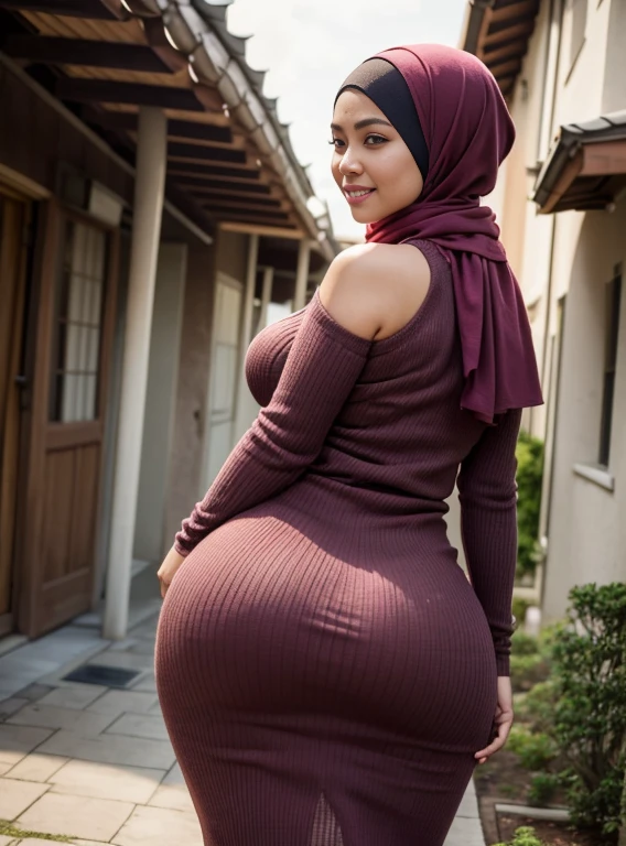 1 malay woman in hijab,((Tight knitted dresses)),(Small buttocks),Emphasize ass,Smaller chest,Clothes are sheer,Smiling smile, (hijab flying), de pele branca,big breasts thin waist,Japanese-style street, Hyper-Realism, Cinematic lighting, depth of fields, From below, vanishing point, F/2.8, Anatomically correct, Textured skin, Super Detail, awardwinning, Best Quality, hight resolution,