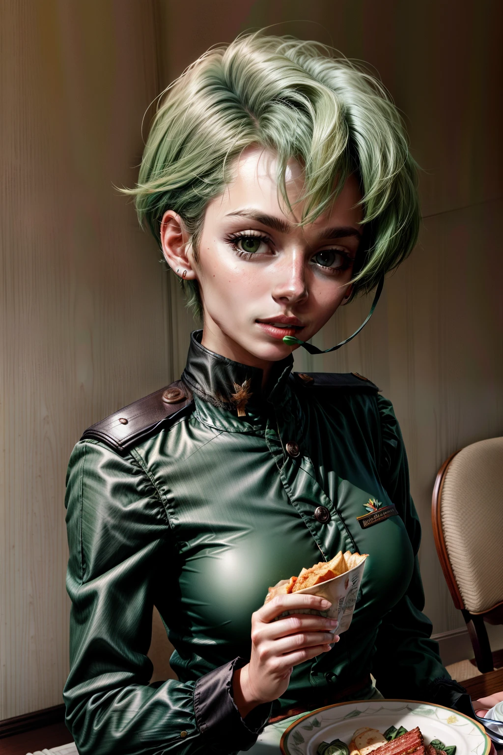 Frederica Greenhill, 25 years old, lieutenant, adjutant, shortcut, green hair,
Eating in military uniform