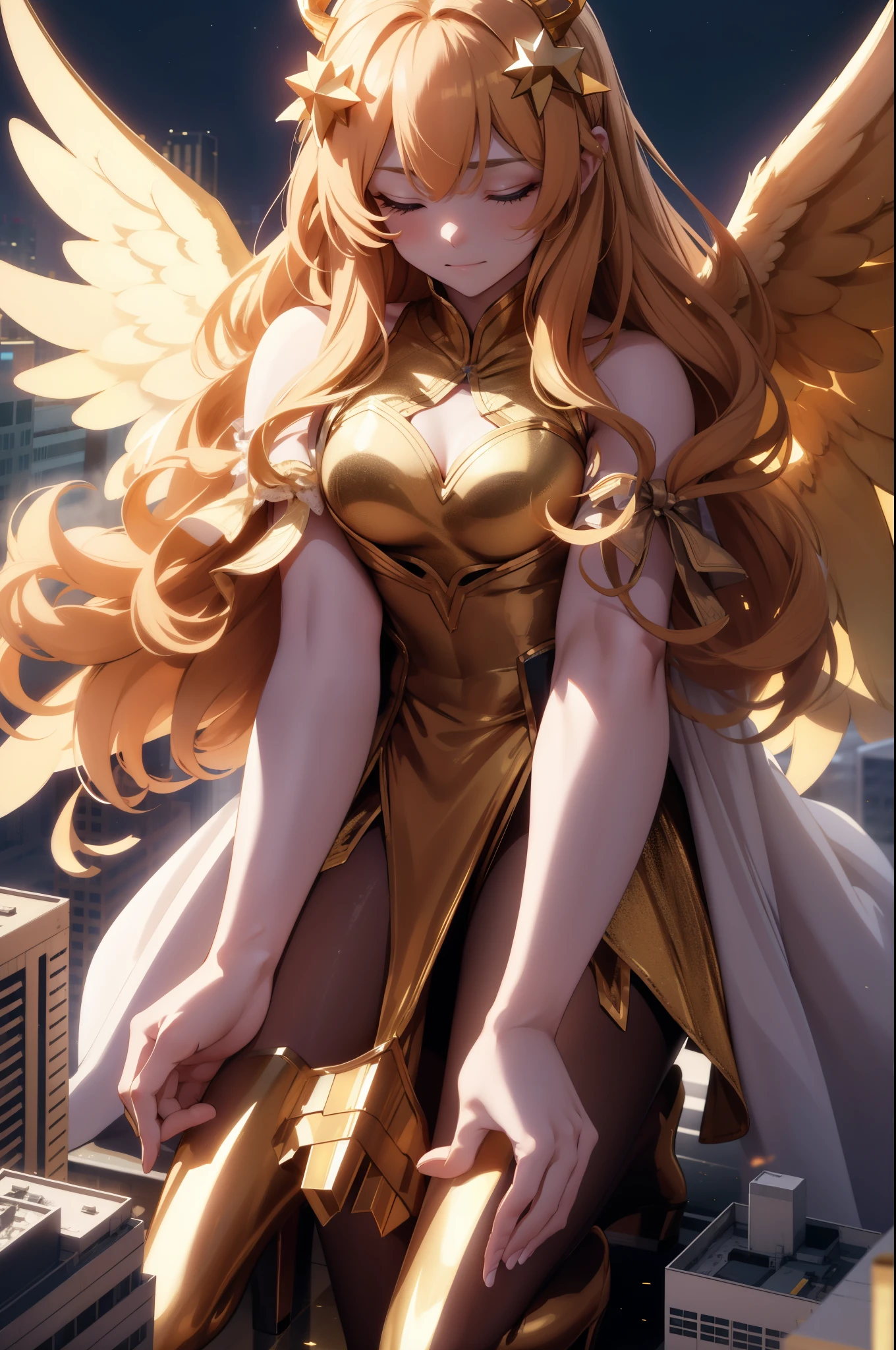Aerial View,giant girl 50,000 feet high,Weight 1000kg,Has a pair of huge golden angel wings,With huge devil horns on his head,Has waist-length golden hair,loose hair,Big wavy blonde curls,Golden crown,Wearing a pair of gold Mary Jane heels,Gold lace gloves,gold lace pantyhose,Pantyhose with bow and star decorations,金色蕾丝whole body,Standing upright on a small city,Beautiful appearance,Exquisite makeup,quality,8k,高quality,Perfect proportion, Cinema lighting,film grain,Fuji colors,8k,textured skin,Super details,high detail,high resolution,fake smile,blood stains,脚底有blood stains,whole body,Obese,feather