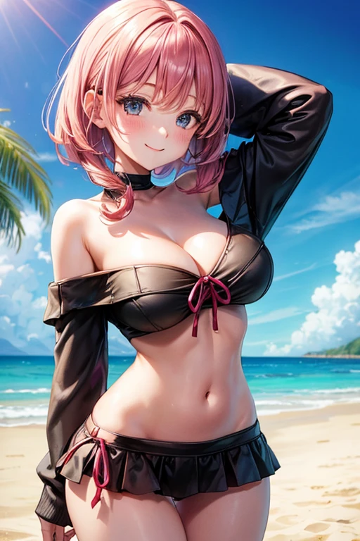 girl playing in bikini、beach、big breasts、thin thighs、Off-shoulder sweater、hands behind head、smile、enjoy