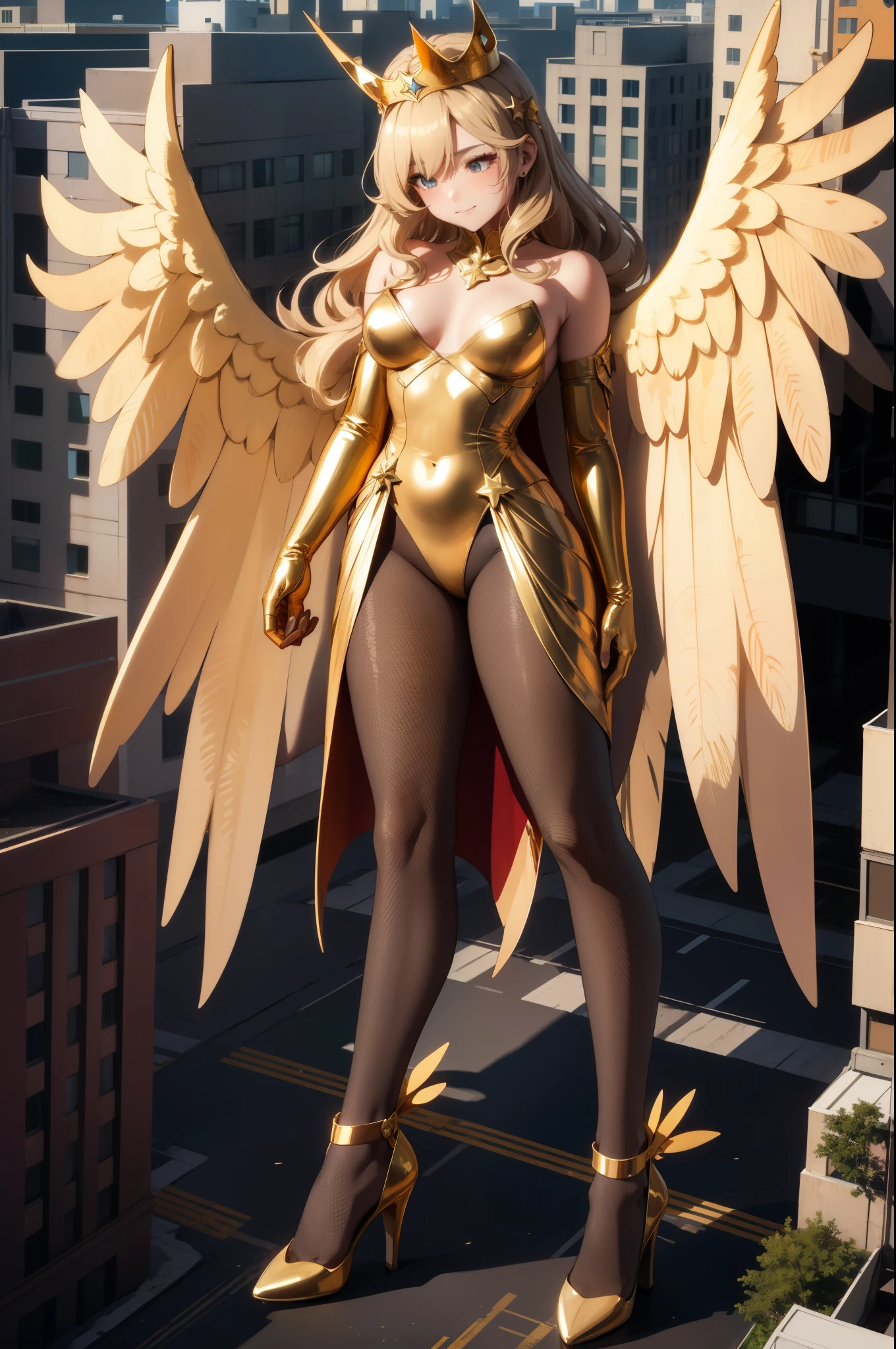 Aerial View,giant girl 50,000 feet high,Weight 1000kg,Has a pair of huge golden angel wings,With huge devil horns on his head,Has waist-length golden hair,loose hair,Big wavy blonde curls,Golden crown,Wearing a pair of gold Mary Jane heels,Gold lace gloves,gold lace pantyhose,Pantyhose with bow and star decorations,金色蕾丝whole body,Standing upright on a small city,Beautiful appearance,Exquisite makeup,quality,8k,高quality,Perfect proportion, Cinema lighting,film grain,Fuji colors,8k,textured skin,Super details,high detail,high resolution,fake smile,blood stains,脚底有blood stains,whole body,Obese,feather