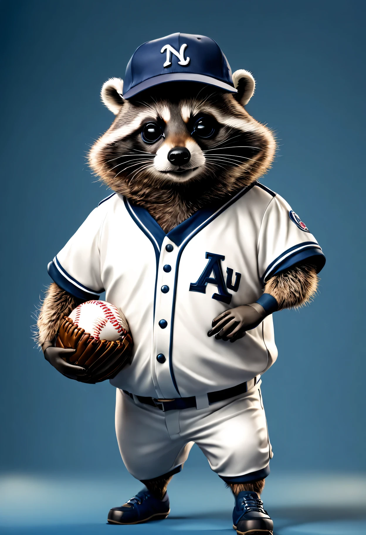 photorealistic portrait of Dressed animals - a fat racoon baseball player,( dynamic action pose), high quality,(lovely) ,intricate details, highly detailed ((baseball uniform)) ,highly detailed baseball cap, wearing sunglasses, , (happy), studio lighting,(full body image:1.5)