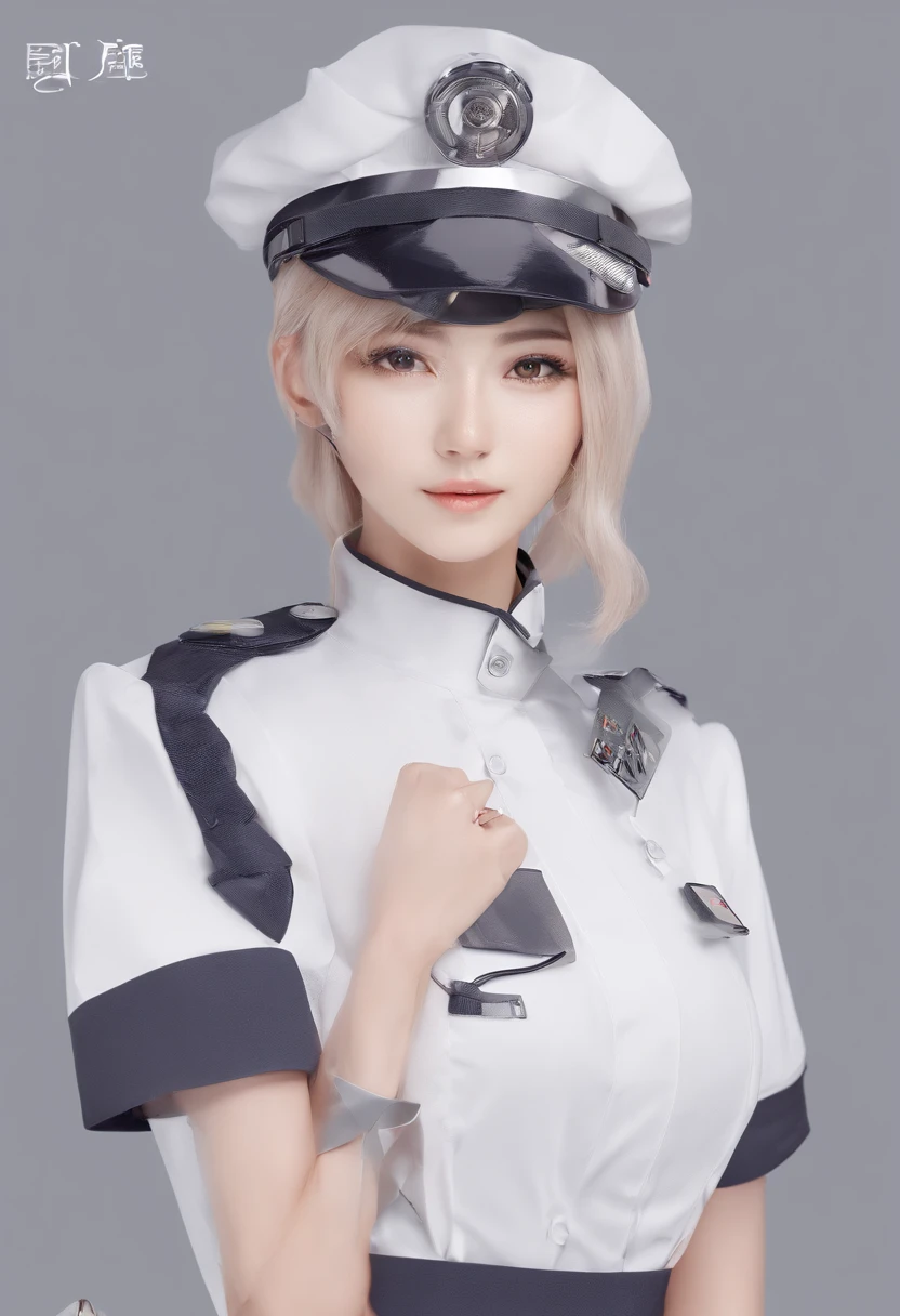 《AI role》。(((Virtual character design:Psychological counselor。female,20 years old,white short hair,Exquisite facial features,Beautiful makeup,Skin details,Smile)))。((White technological nurse uniform))。((Super realistic details)), illumination, shadow and light, octane rendering, 8k, Super sharp,complex, Accessories details,Atmosphere
