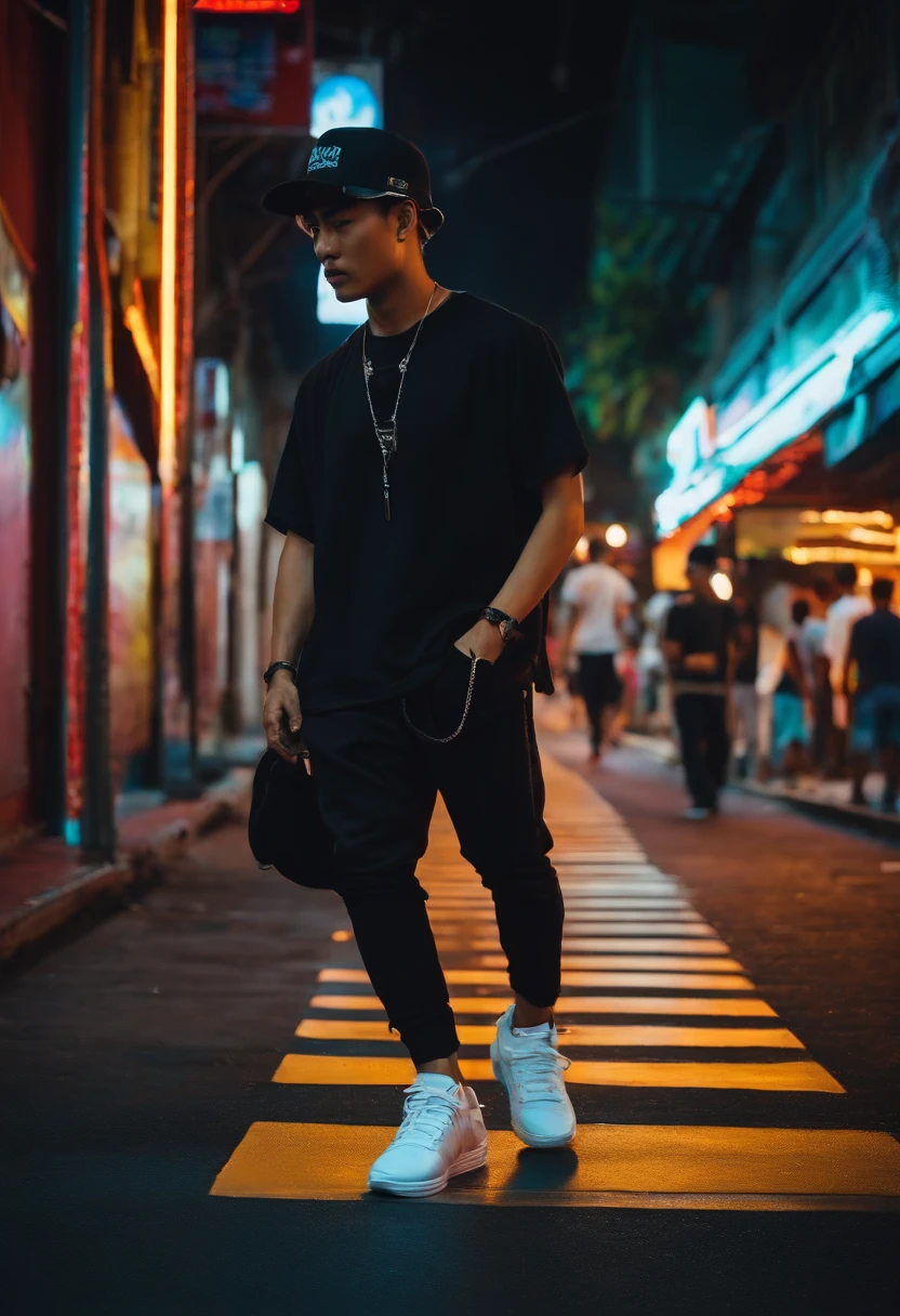 Cyber scene, 1man, Malaysian, wearing black baseball cap and white shirt, baggy and sneakers on the street, neon background