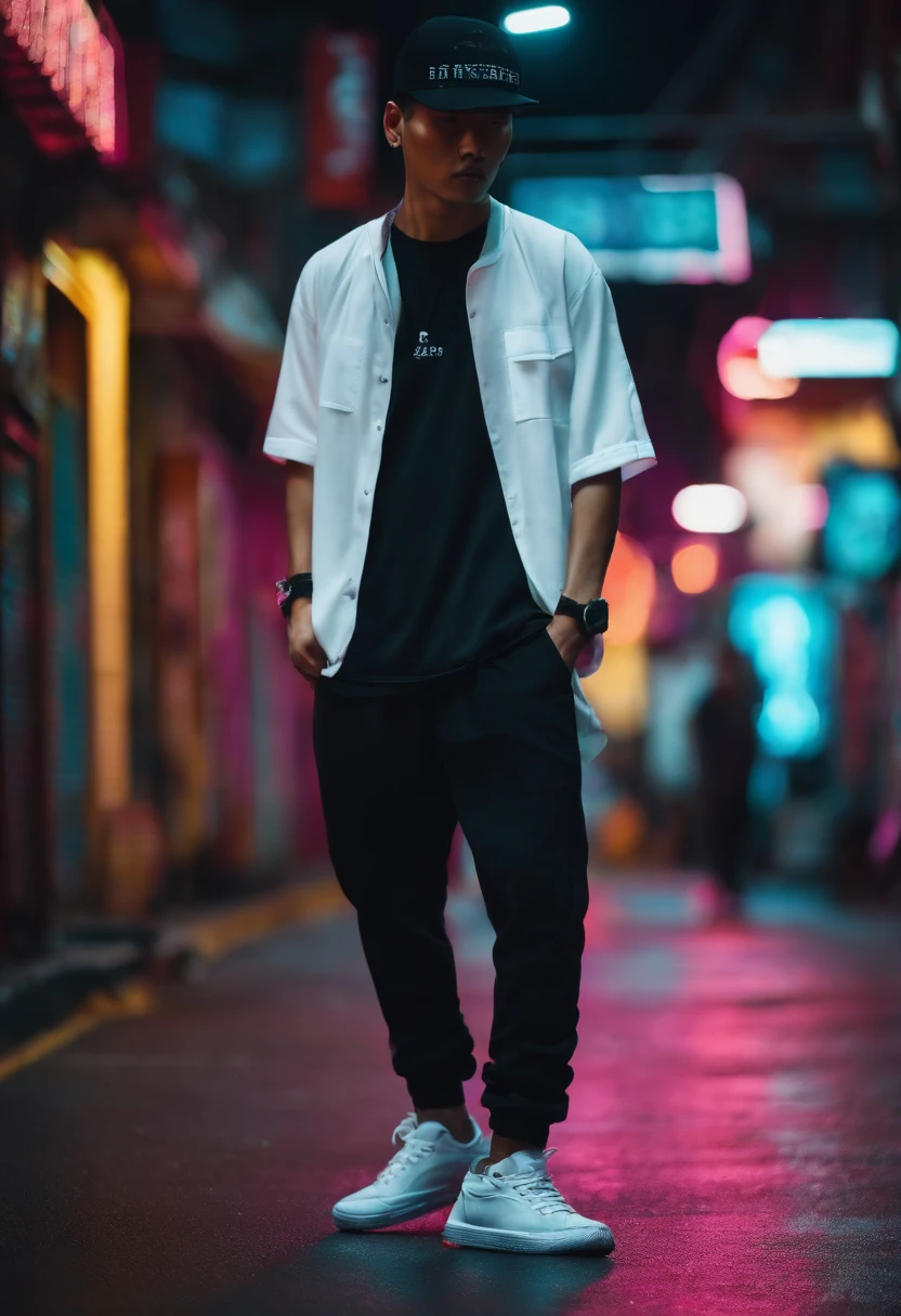Cyber scene, 1man, Malaysian, wearing black baseball cap and white shirt, baggy and sneakers on the street, neon background