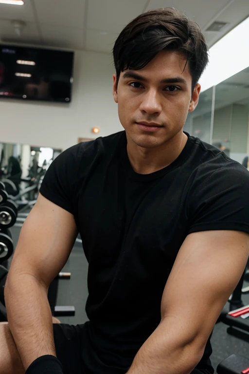 man with fair skin and short black hair aged 25 at the gym