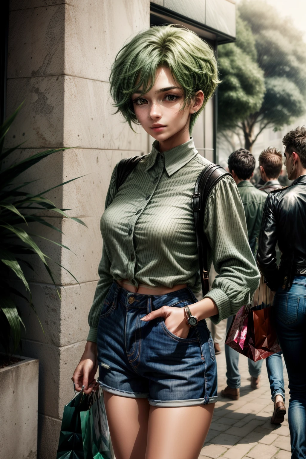 Frederica Greenhill, 25 years old, lieutenant, adjutant, shortcut, green hair,
Shopping in casual clothes