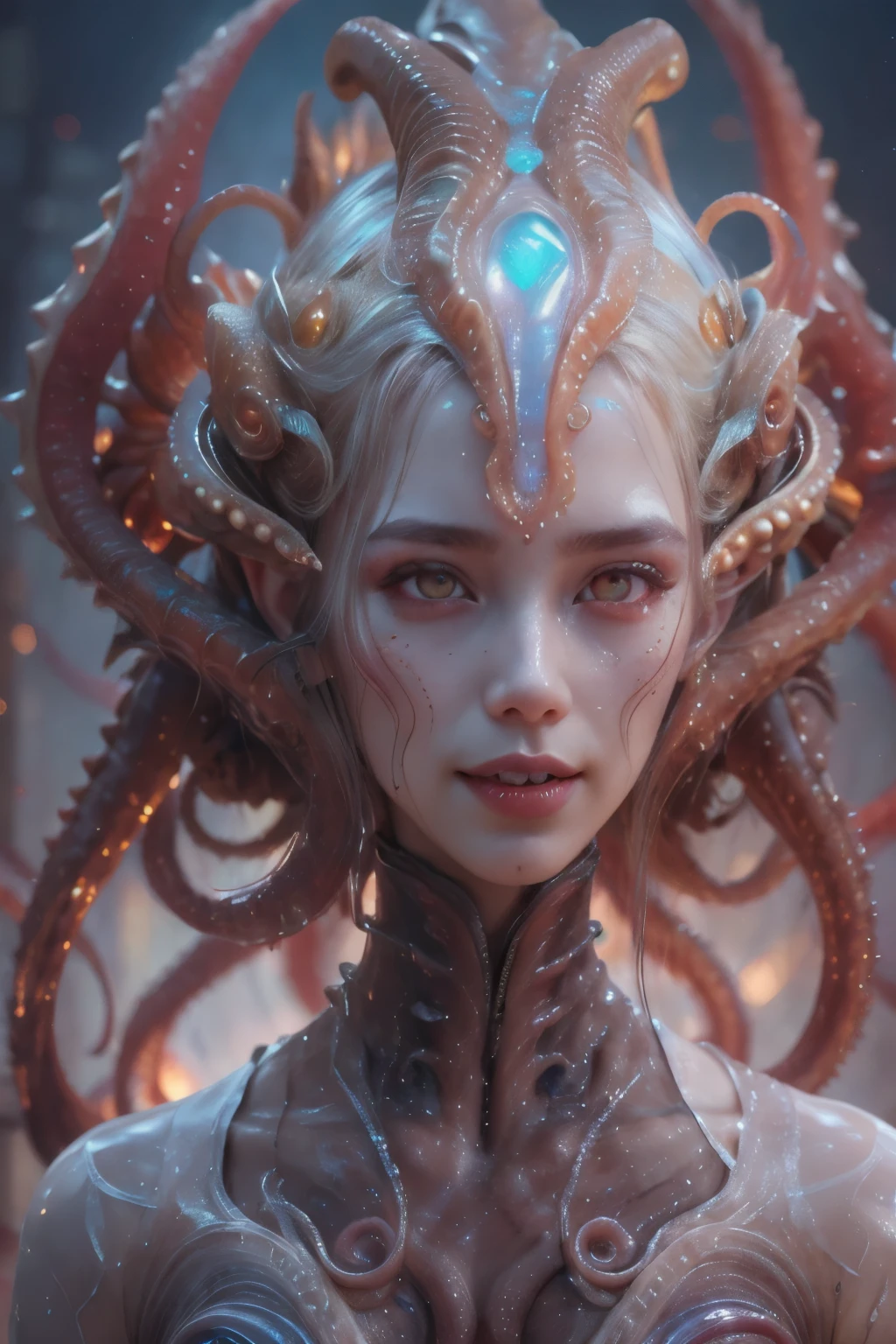 scary and sexy detailed art in color, Portrait, (beautiful and obscene female alien:1.4), (vulgarity1.7), (she has red eyes with no pupils:1.8), (Translucent white skin:1.7), (There is a female genital-like organ in the middle of the forehead:1.9), (The most beautiful face in the history of the universe:1.2),an evil gaze that seduces, (large mouth:1.1), (sharp teeth like a vampire:1.2), Full body portrait, (bio luminescent:1.5), (Smile wickedly:1.3), (sexypose:1.5), alien, No humans, cells are fused, (Lots of translucent tentacles:1.3) extraterrestrial, cell, bio image, best quality, 8K, In 4K_quality, High freshness, Dramatic Lighting, masutepiece:1.5,cinematic quality, detail up, (exquisite details:1.2), high resolution, High freshness, drawing faithfully, (Thick eyebrows:1.2), Beautiful eyes with fine symmetry,(Highly detailed face and eyes:1.2), Intimate face, (Super detailed skin quality feeling:1.4), perfect anatomy, (Beautiful toned body:1.5), (Moist skin:1.2), not wearing makeup, (dark circles:1.1), long canines, cinematic drawing of characters, ultra high quality model, cinematic quality, detail up, (exquisite details:1.2), high resolution, High freshness, drawing faithfully, official art, Unity 8K Wall paper, best quality, Very high resolution, ultra detailed artistic photography, midnight aura, unreal engine 5, Ultra Sharp Focus, art by Amano Yoshitaka, ArtGerm, Roisch, intricate artwork, best quality, masterpiece, ultra high resolution, (photos realistic:1.4), ultra realistic realism, dream-like, nautilus, Creation of fantasy, Snail, Dream Snail, (biopunk nautilus:1.3),Thrilling color schemes, ultra realistic realism, seductively smiling, Blue tentacles, Amazing mutation, well-proportioned body, goddess of the deep sea