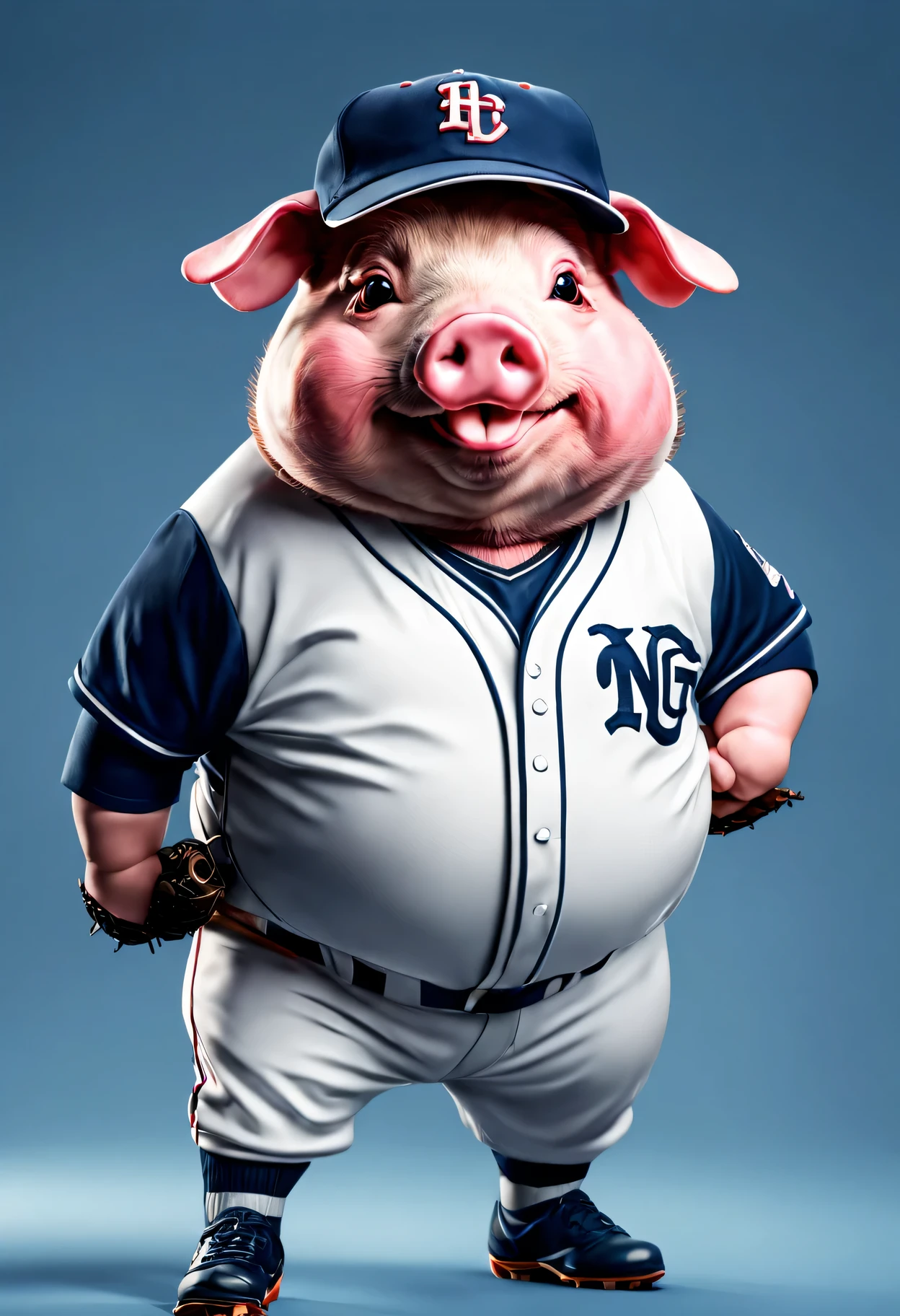 photorealistic portrait of Dressed animals - a fat pig baseball player,( dynamic action pose), high quality,(lovely) ,intricate details, highly detailed ((baseball uniform)) ,highly detailed baseball cap, wearing sunglasses, , (happy), studio lighting,(full body image:1.5)