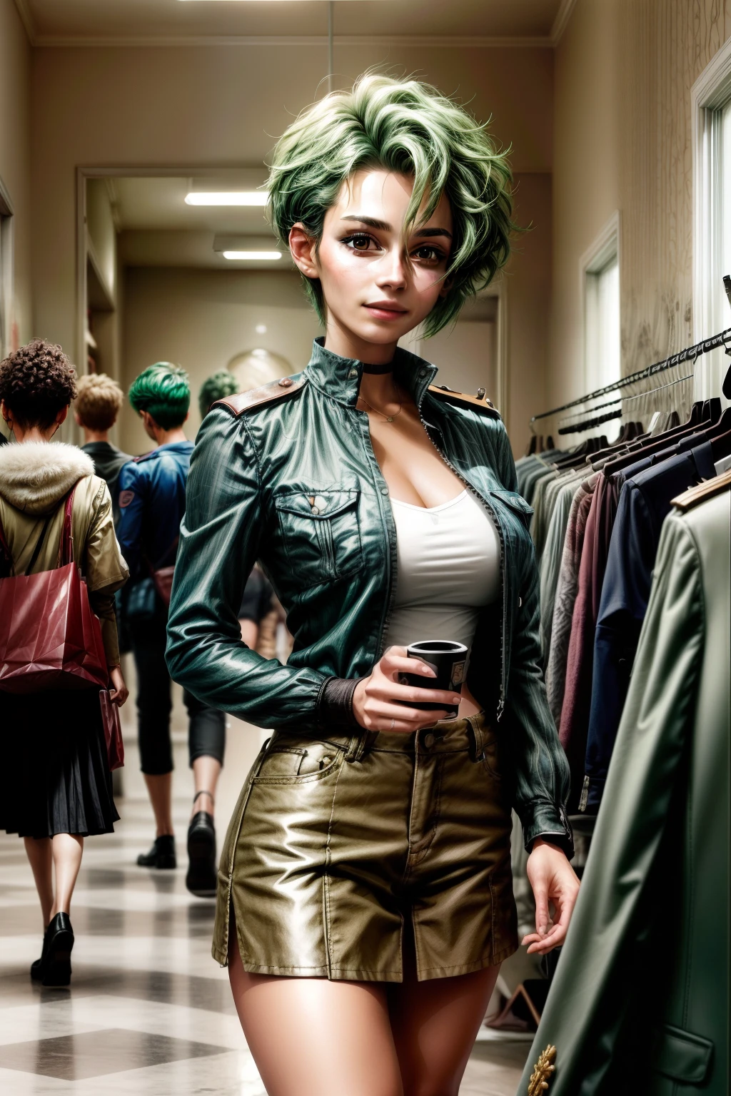 Frederica Greenhill, 25 years old, lieutenant, adjutant, shortcut, green hair,
Shopping in casual clothes