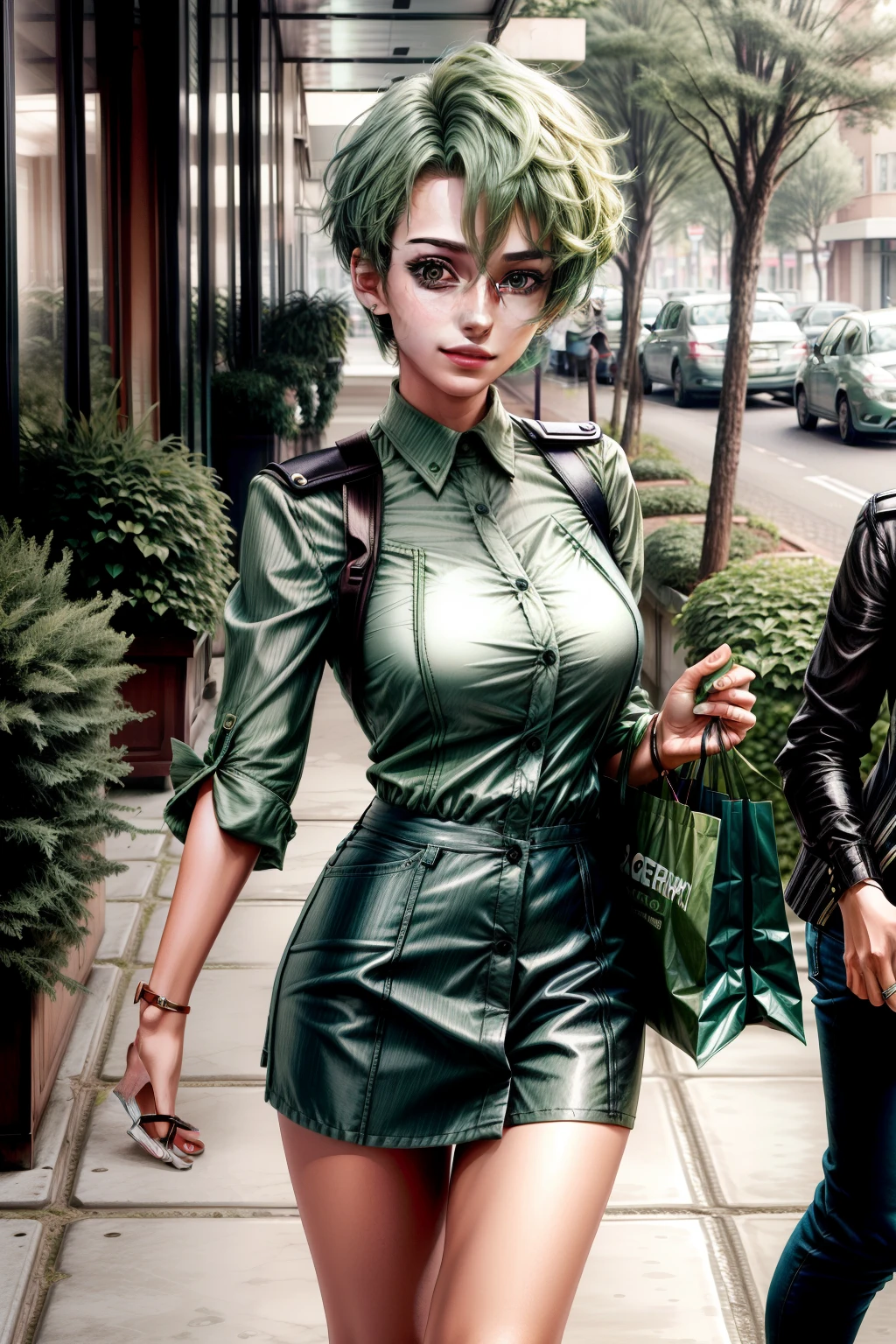 Frederica Greenhill, 25 years old, lieutenant, adjutant, shortcut, green hair,
Shopping in casual clothes