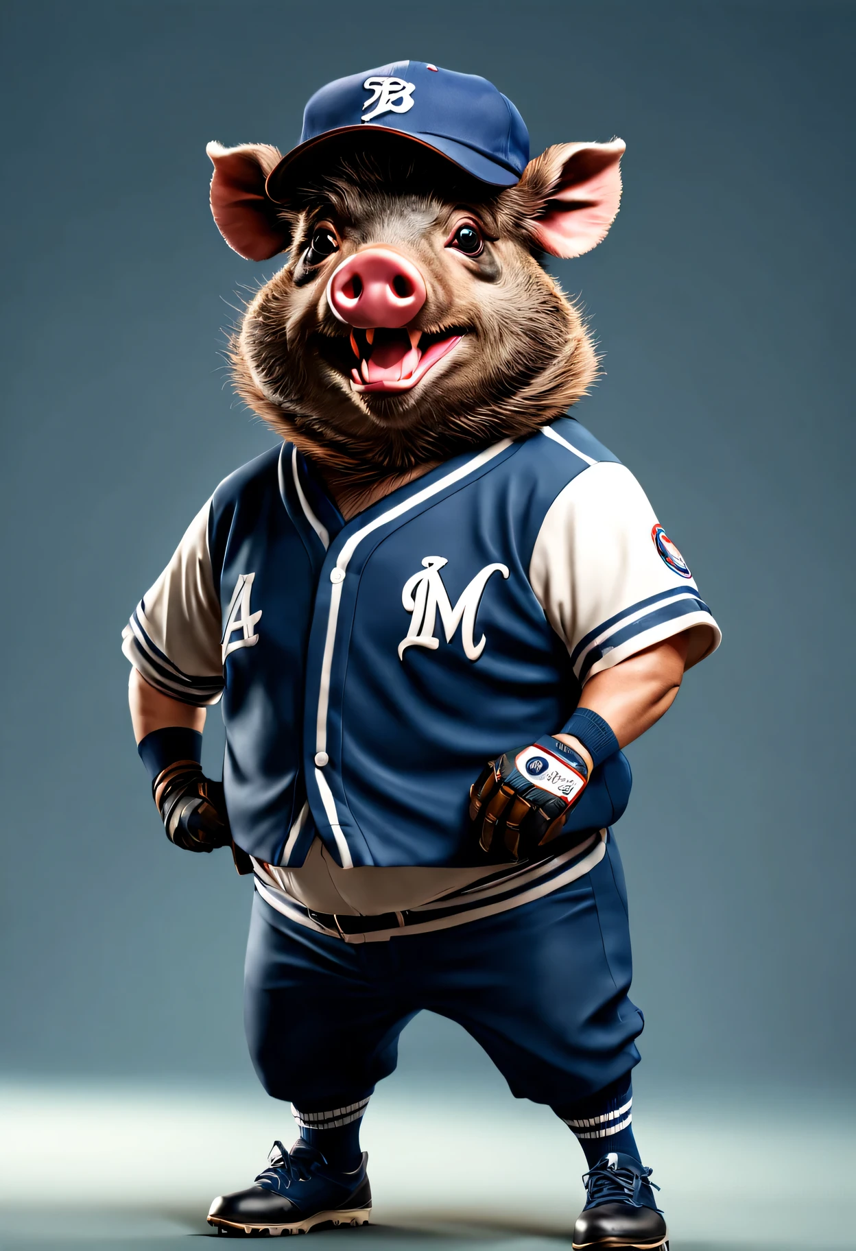 photorealistic portrait of Dressed animals - a fat wild boar baseball player,( dynamic action pose), high quality,(lovely) ,intricate details, highly detailed ((baseball uniform)) ,highly detailed baseball cap, wearing sunglasses, , (happy), studio lighting,(full body image:1.5)