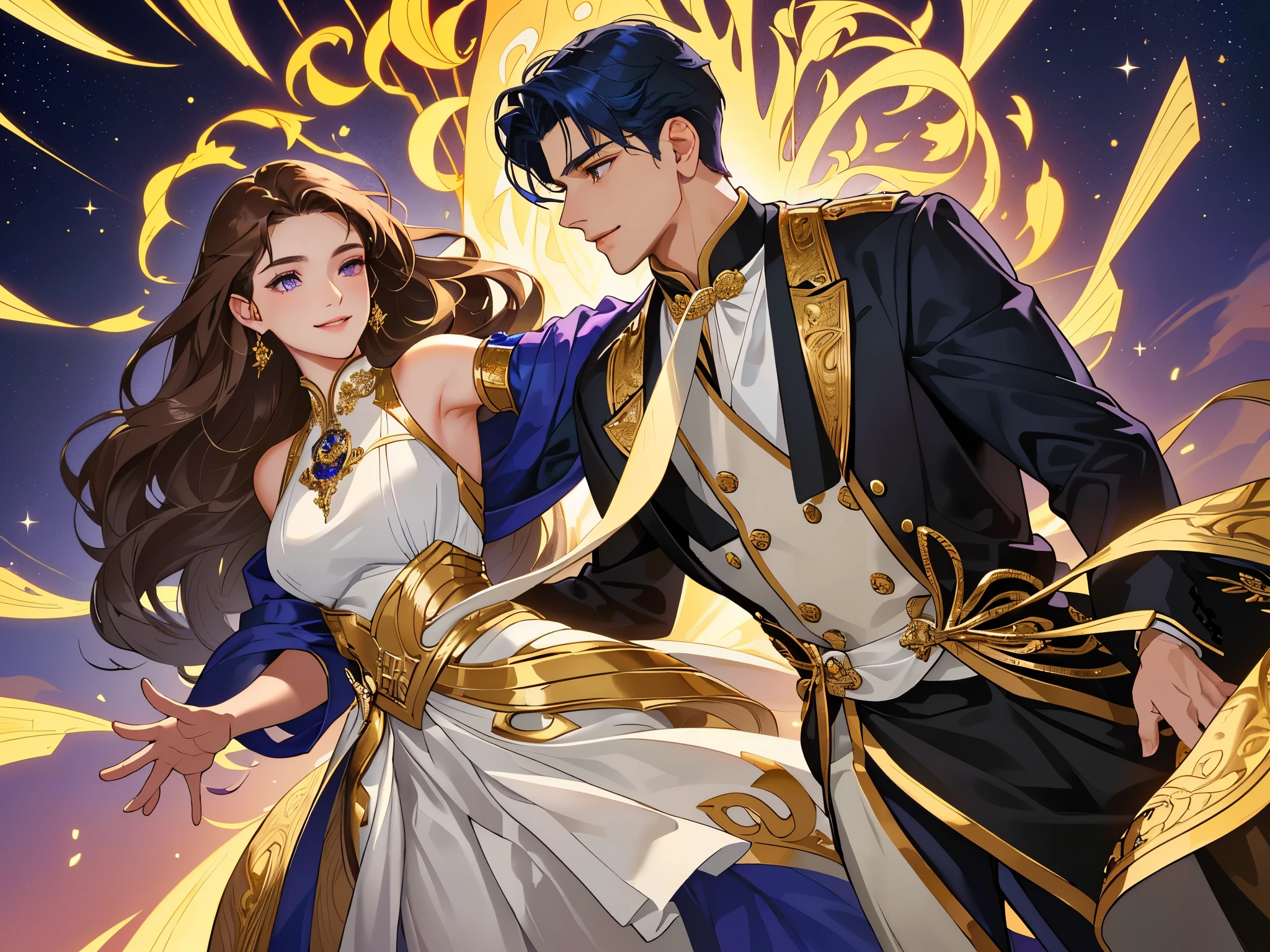Book Cover: A young man of imposing stature graces the cover, his golden eyes captivating and his navy-blue hair reflecting passion and mystery. His presence is magnetic, adorned in elegant attire, and a captivating smile adds a special touch. By his side, a young woman of transcendental beauty with long, wavy golden-brown hair and deep violet eyes radiating natural luminosity. Her warm smile and graceful movements give her a presence that is simultaneously delicate and captivating. The image captures the elegance and intensity of an engaging romance. He had his arm around her waist, ensuring that his beloved wouldn't slip away.