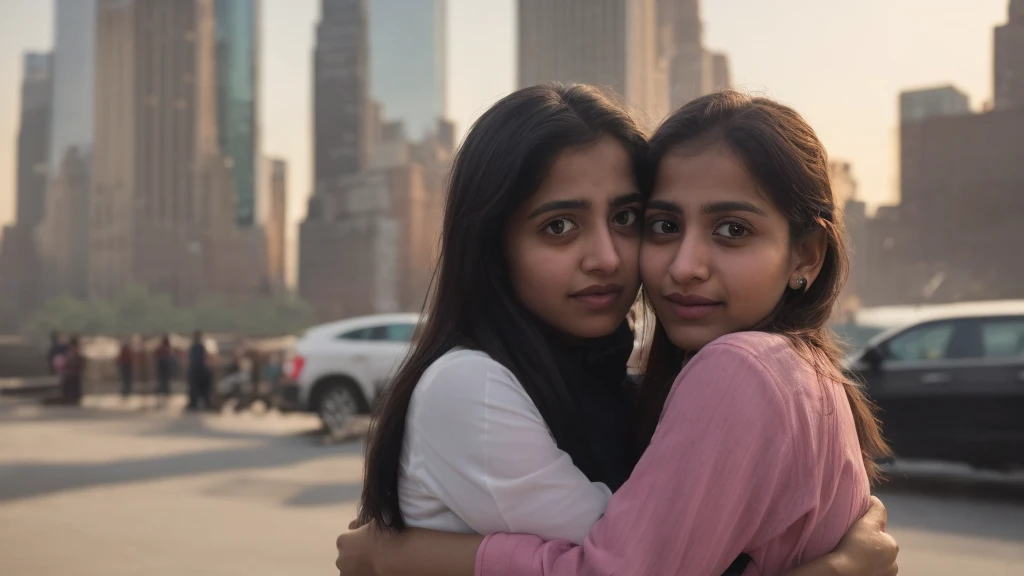 Immerse yourself in the grandeur of this visually stunning 8k cinematic photograph, a masterpiece that captures the heartfelt reunion of two sisters in the bustling cityscape of New York. In this extraordinary moment frozen in time, Mariyam, the younger sister, radiates a delicate blend of longing and vulnerability, her expressive eyes silently pleading for the comfort only a sister can offer.
Sam Angel, the elder sister, embarks on a soul-stirring journey from a distant land to be reunited with Mariyam in the vibrant embrace of New York. Within this snapshot, let the raw, unfiltered emotions of their heartfelt reunion reverberate. Be the witness to their souls intertwining in an unbreakable bond, as their faces,