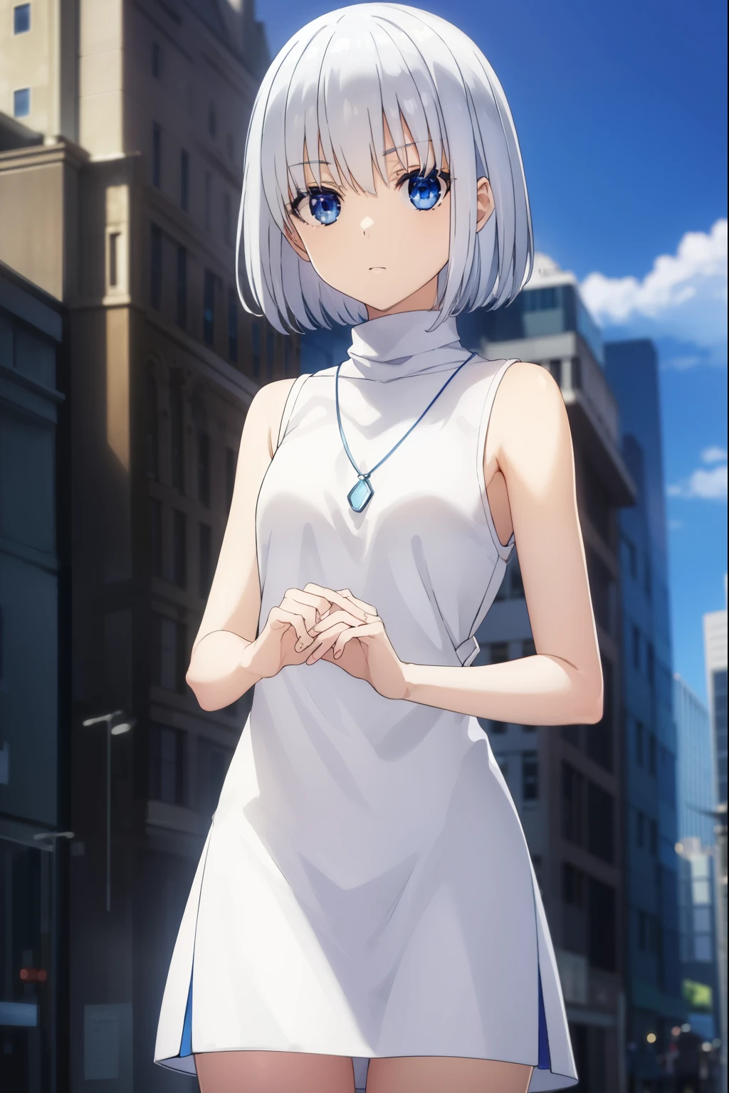 origamitobiichi, origami tobiichi casual, short hair, blue eyes, hair ornament, bare shoulders, jewelry, white hair, sleeveless, hairclip, necklace, turtleneck, sleeveless turtleneck, strap between breasts, white dress,
BREAK ,
BREAK outdoors, sky, blue sky, clouds, sun, city, buildings, crowd, people,
BREAK looking at viewer, (cowboy shot:1.5),
BREAK (masterpiece:1.2), best quality, high resolution, unity 8k wallpaper, (illustration:0.8), (beautiful detailed eyes:1.6), extremely detailed face, perfect lighting, extremely detailed CG, (perfect hands, perfect anatomy),