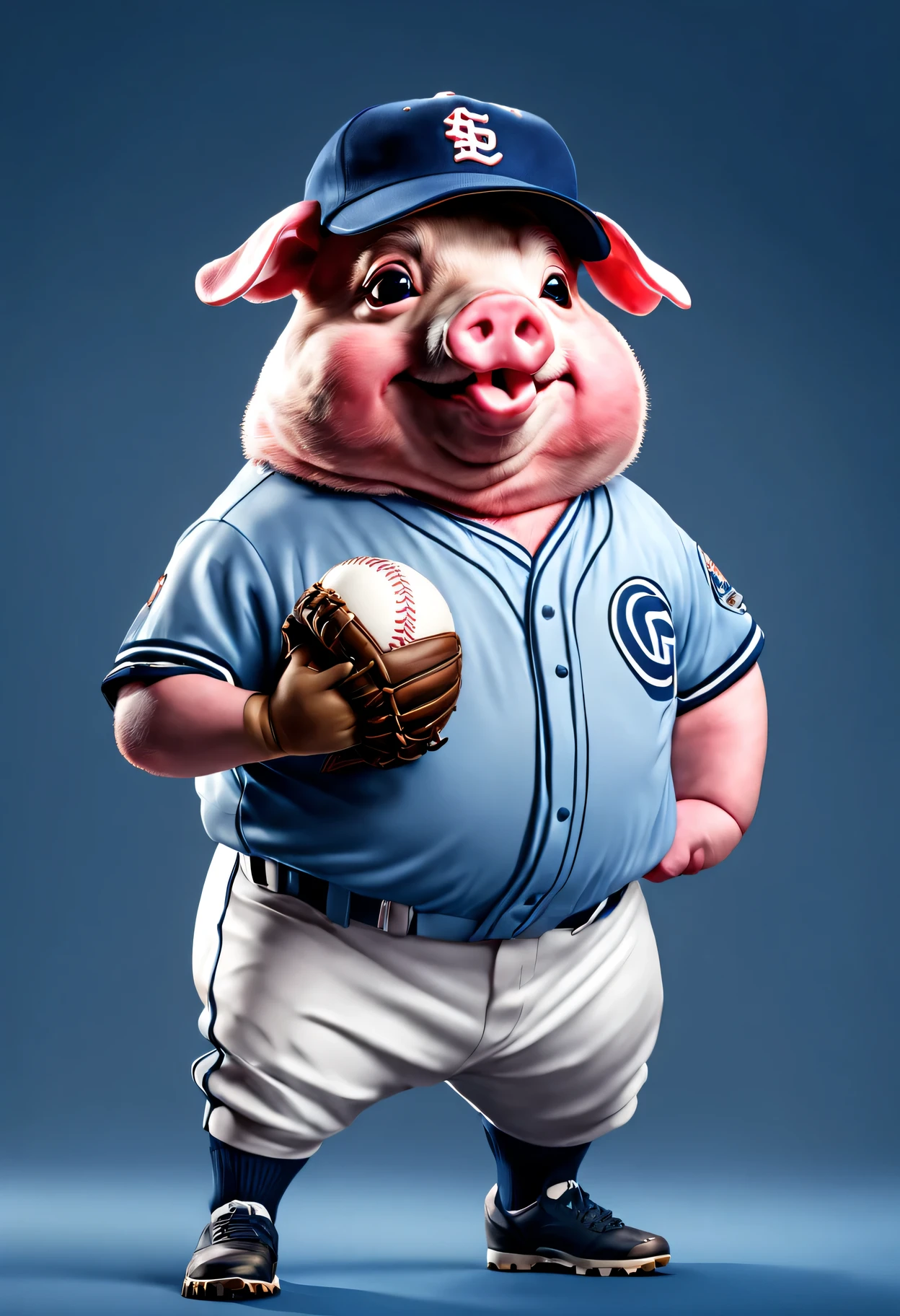 photorealistic portrait of Dressed animals - a fat pig baseball player,( dynamic action pose), high quality,(lovely) ,intricate details, highly detailed ((baseball uniform)) ,highly detailed baseball cap, wearing sunglasses, , (happy), studio lighting,(full body image:1.5)
