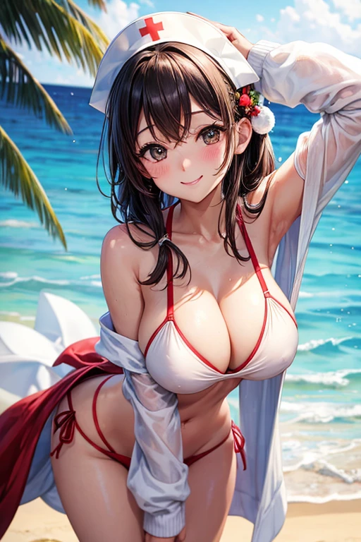 girls playing in bikinis、beach、big breasts、thin thighs、Off-shoulder sweater、Nurse appearance、Santa Cosplay、Wedding dress、hands behind head、smile、enjoy