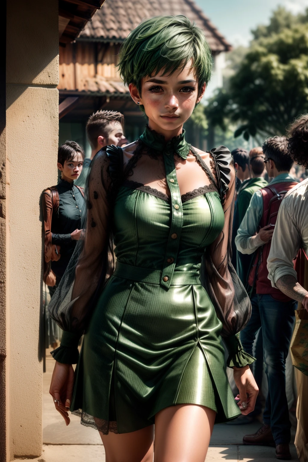 The prompt for this artwork would be as follows:
"Frederica Greenhill, 25 years old, Lieutenant, Aide-de-Camp, Short haircut, Green hair, Shopping in casual clothes, (best quality, 4k, 8k, highres, masterpiece:1.2), ultra-detailed, (realistic, photorealistic, photo-realistic:1.37), HDR, UHD, studio lighting, extreme detail description, professional, vivid colors, bokeh, portraits, greenish color tone, natural lighting"