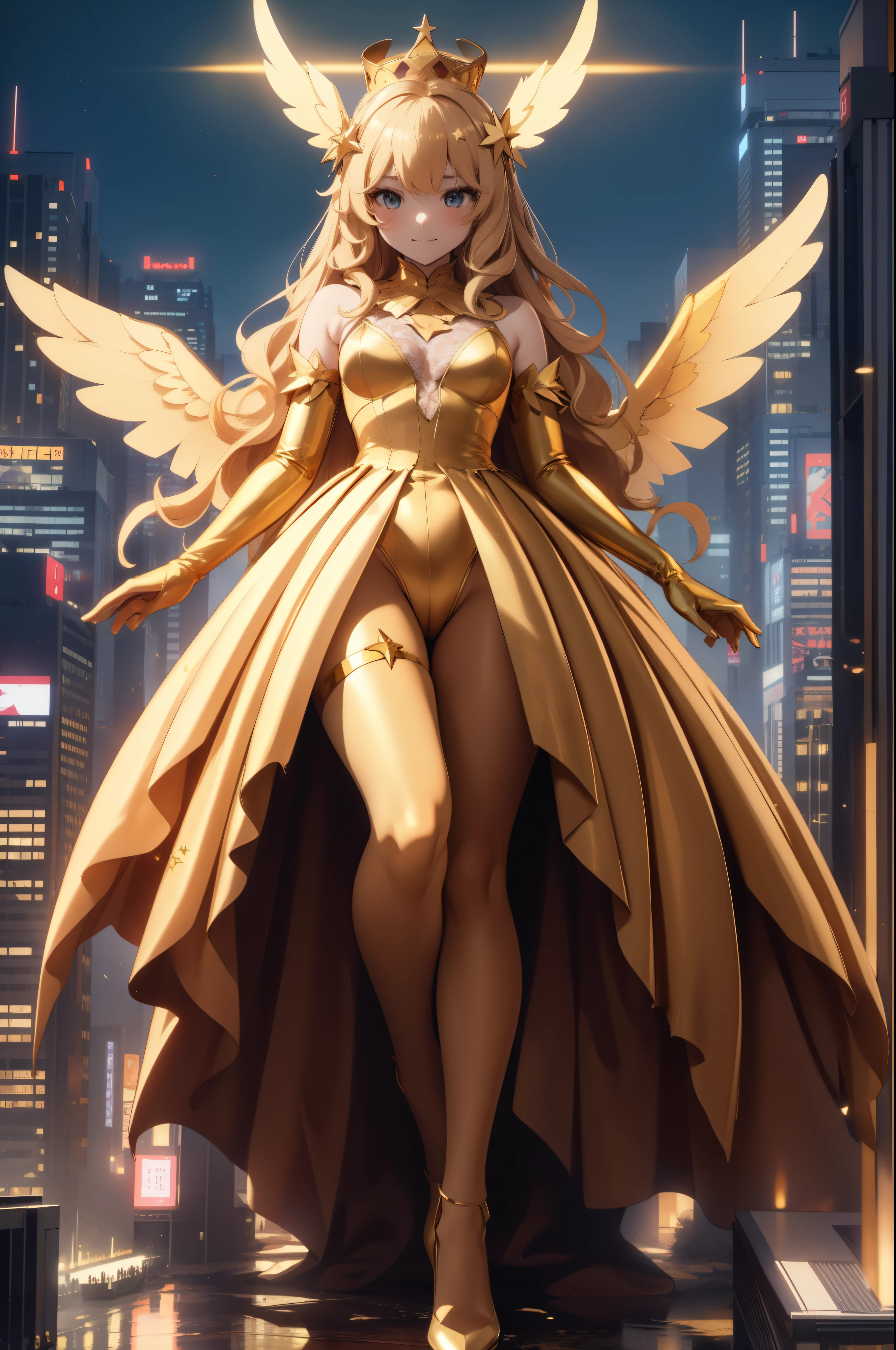 Aerial View,giant girl 50,000 feet high,Weight 1000kg,Has a pair of huge golden angel wings,With huge devil horns on his head,Has waist-length blond hair,loose hair,Blonde hair with big wavy curls,gold crown,Wearing a pair of gold Mary Jane high heels,Gold lace gloves,gold lace pantyhose,Bow and star embellished tights,金色蕾丝whole body,Standing tall above the small town,Beautiful appearance,Exquisite makeup,quality,8k,高quality,Perfect proportion, Cinema lighting,film grain,Fuji colors,8k,textured skin,Super details,high detail,high resolution,fake smile,blood stains,脚底有blood stains,whole body,fat,feather