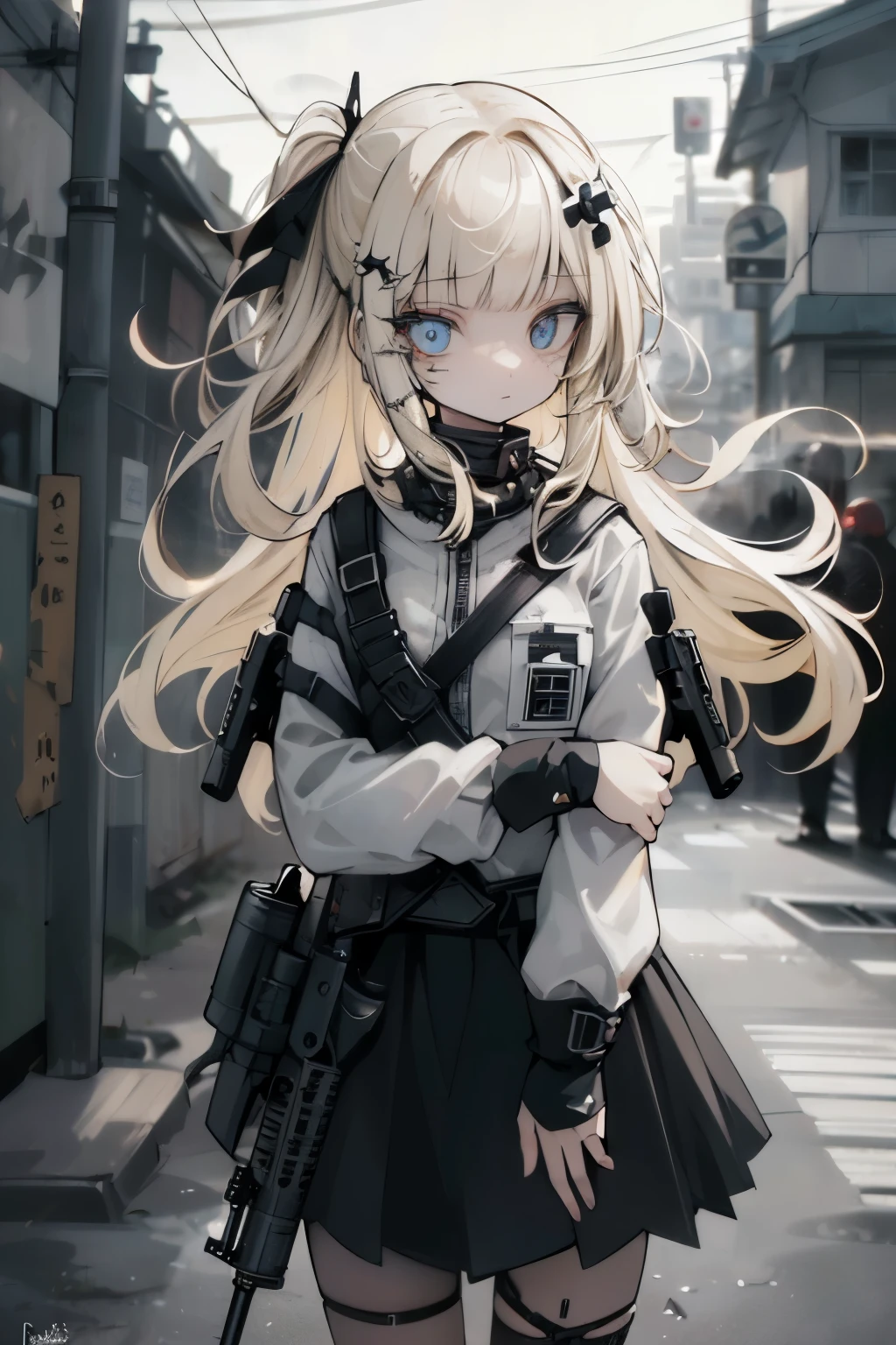 {{Masterpiece, top quality, highly detailed CG, unified 8k wallpaper, movie lighting, lens flare}}, 1 girl holding a rifle through the wall, wide view, thick body, long blonde hair soaring in the wind, green eyes, (holding a weapon, holding a rifle, aiming, aiming: 1.4), gun, h&k hk416, carbine, open fire, rubble, ruins of conflict areas, plumes, nitric smoke, blast waves, Flying bullets, sniper, 35mm, f/1.8, night, blue eyes