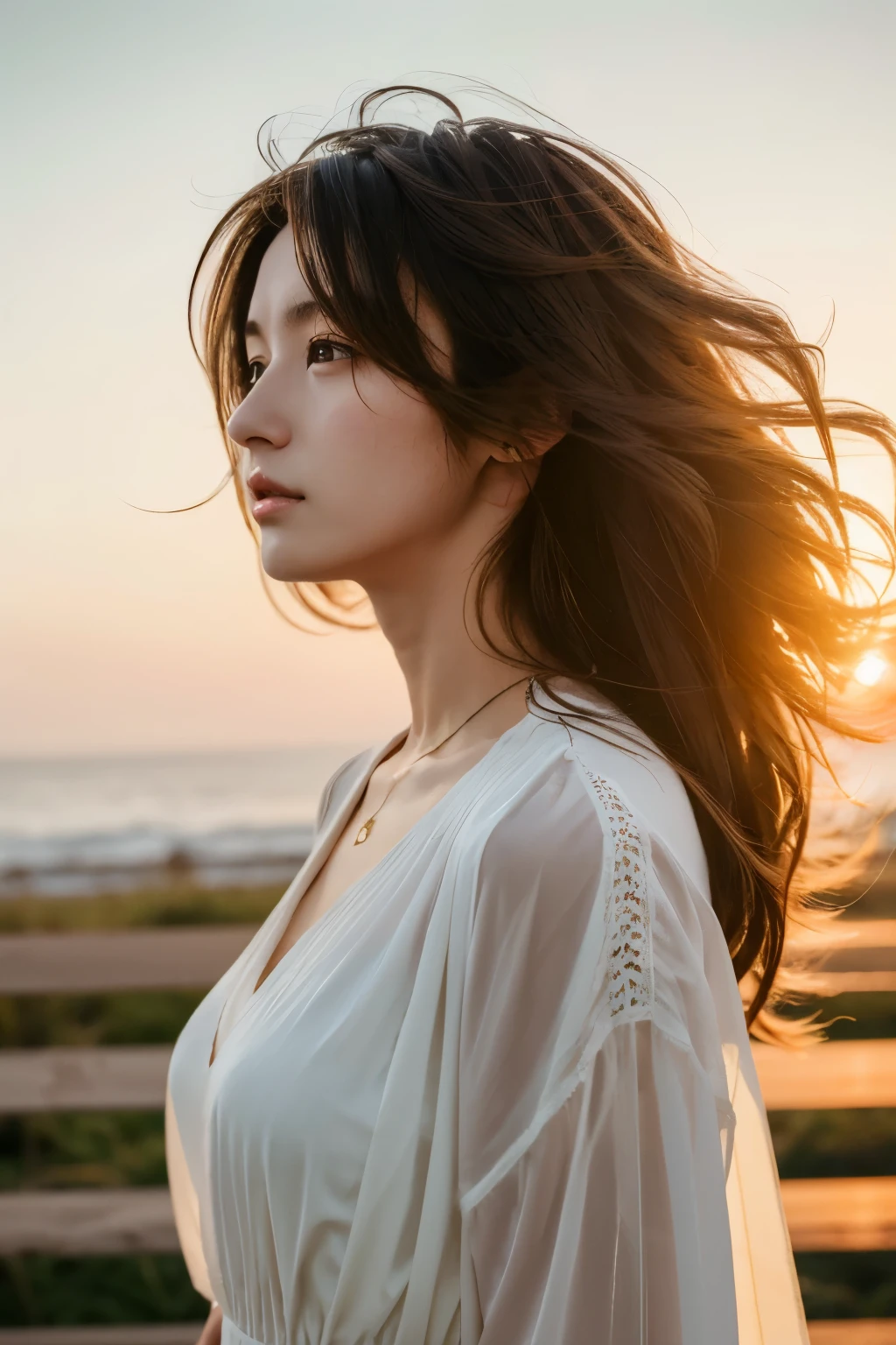 (masterpiece), (best quality), photography, 1girl, portrait, side look portrait, winning award photography, messy hair, windy, outdoor, sunset, sexy dress