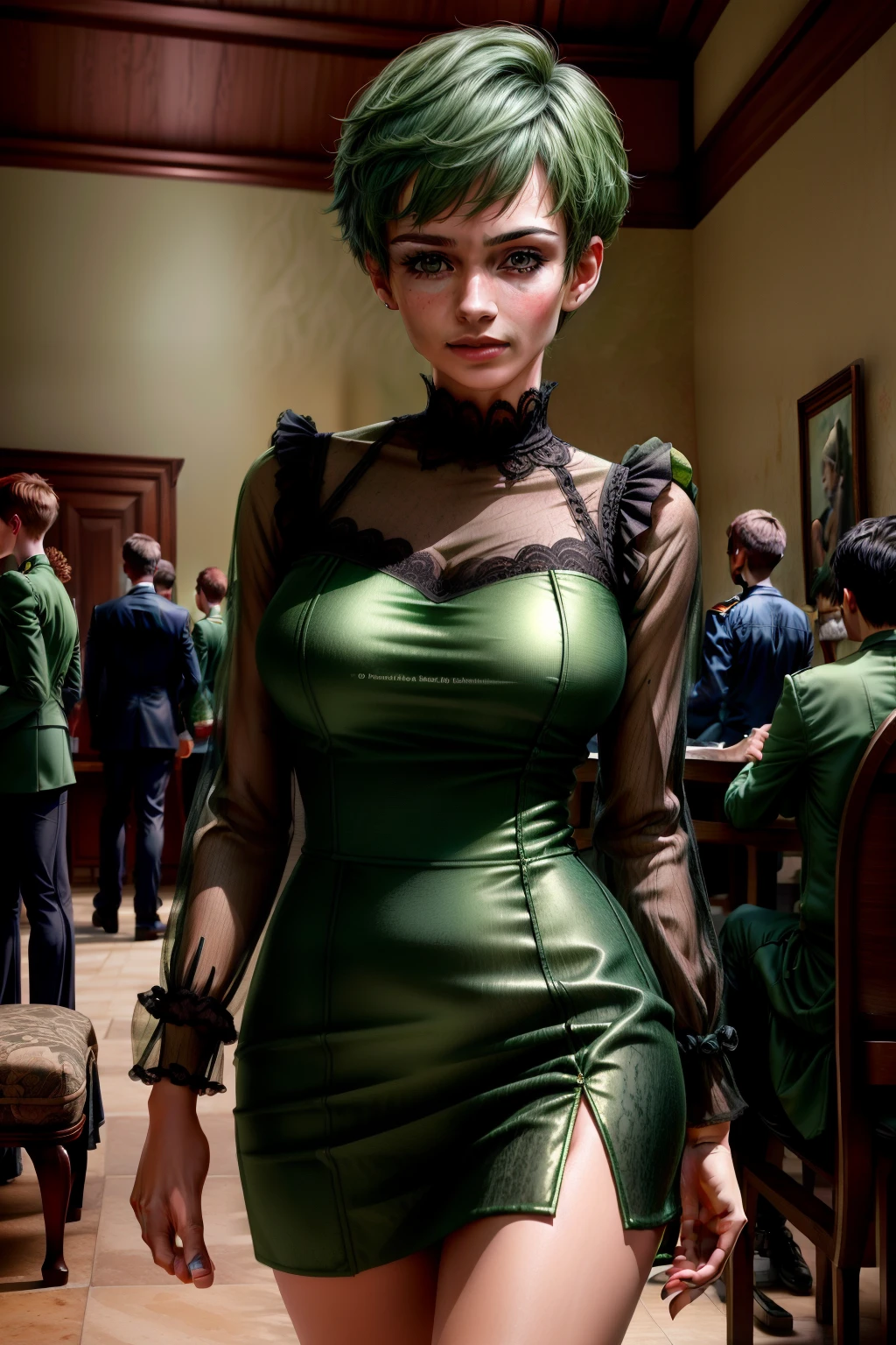 The prompt for this artwork would be as follows:
"Frederica Greenhill, 25 years old, Lieutenant, Aide-de-Camp, Short haircut, Green hair, Shopping in casual clothes, (best quality, 4k, 8k, highres, masterpiece:1.2), ultra-detailed, (realistic, photorealistic, photo-realistic:1.37), HDR, UHD, studio lighting, extreme detail description, professional, vivid colors, bokeh, portraits, greenish color tone, natural lighting"