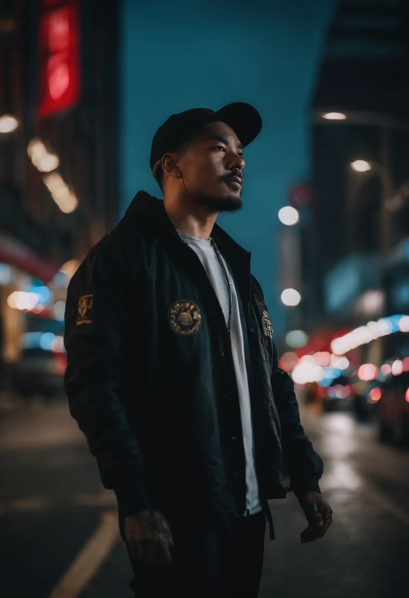 Cyberpunk scene, 1man, Malaysian, wearing black baseball cap and white shirt, baggy and sneakers on the street, neon background