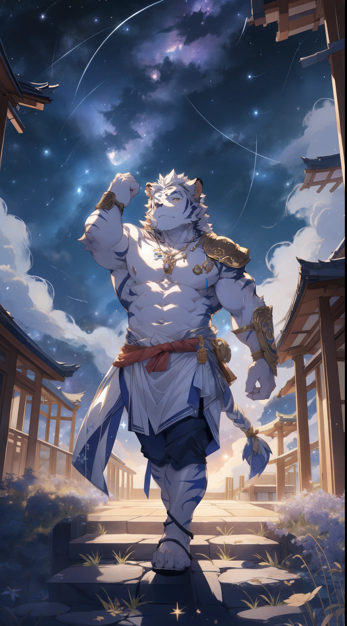 (by empty ghost, by thebigslick, by dark gems, by honowy), Kogenta (Onmyoji Oyamaji Temple), HD photos, perfect anatomy, Anthropomorphic white tiger, male, 20 years old, gods, Light blue stripes, strong body, Large pecs, pink milk clusters, medium bulge, 他飘浮在cloud端, Wear a white loose skirt, Divine brilliance, One arm up, Unleash magic，(night starry sky:1.5), mysterious expression, Face turned red, Golden pupils, look up at the sky, Gold ornaments, clear facial features, strong, alone, fog, cloud, upper sky, meteor shower, aurora, from above