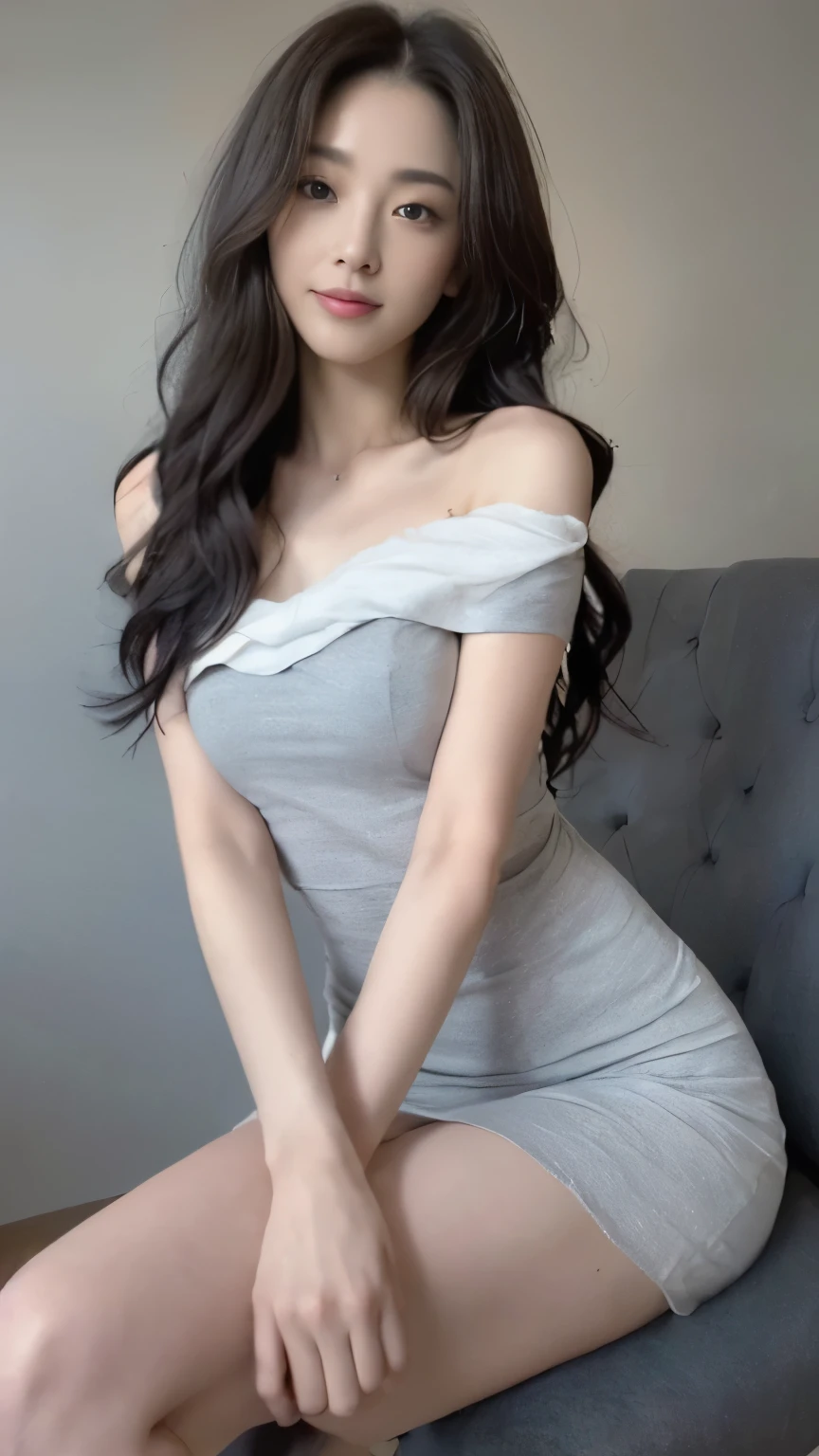 ((top-quality、8k、​masterpiece:1.3))、Beautiful woman with perfect body:1.4、slim abdomen:1.2、Longhair, normal breast, Highly detailed facial and skin texture, A detailed eye, (smile), (full body shot), ((studio)), (sitting on the chair), (((wearing white dress1.2)), looking infront, (((plain dark grey background:1.3)))