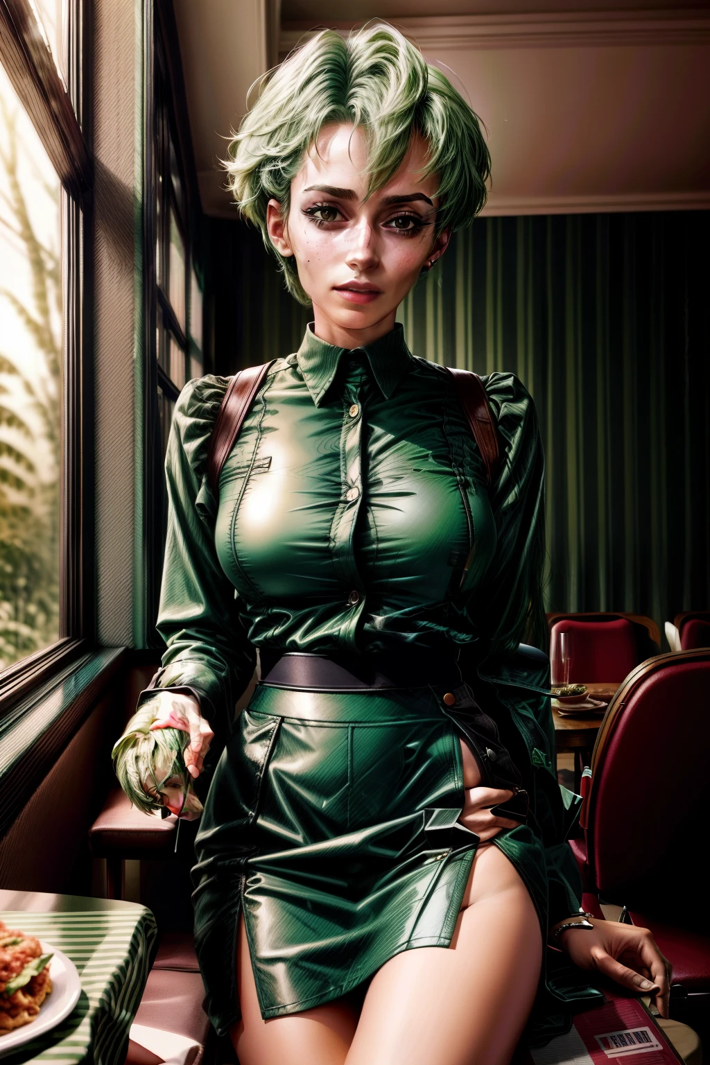 Frederica Greenhill, 25 years old, lieutenant, adjutant, shortcut, green hair,
Eating at a family restaurant in casual clothes